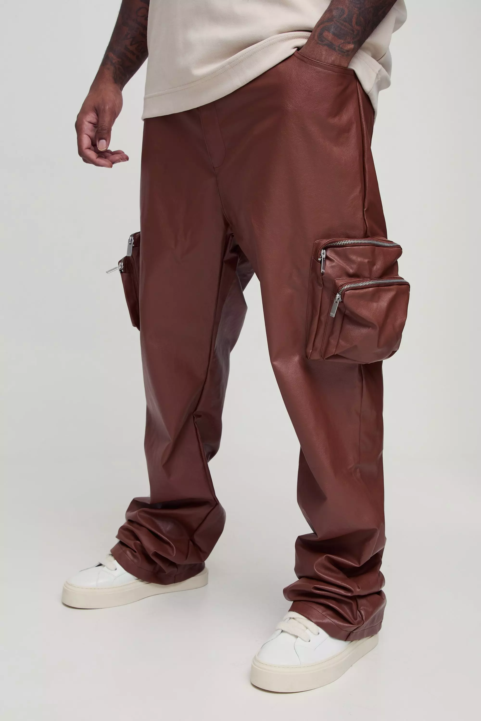 Plus Fixed Waist Slim Stacked Flare PU Trousers Chocolate