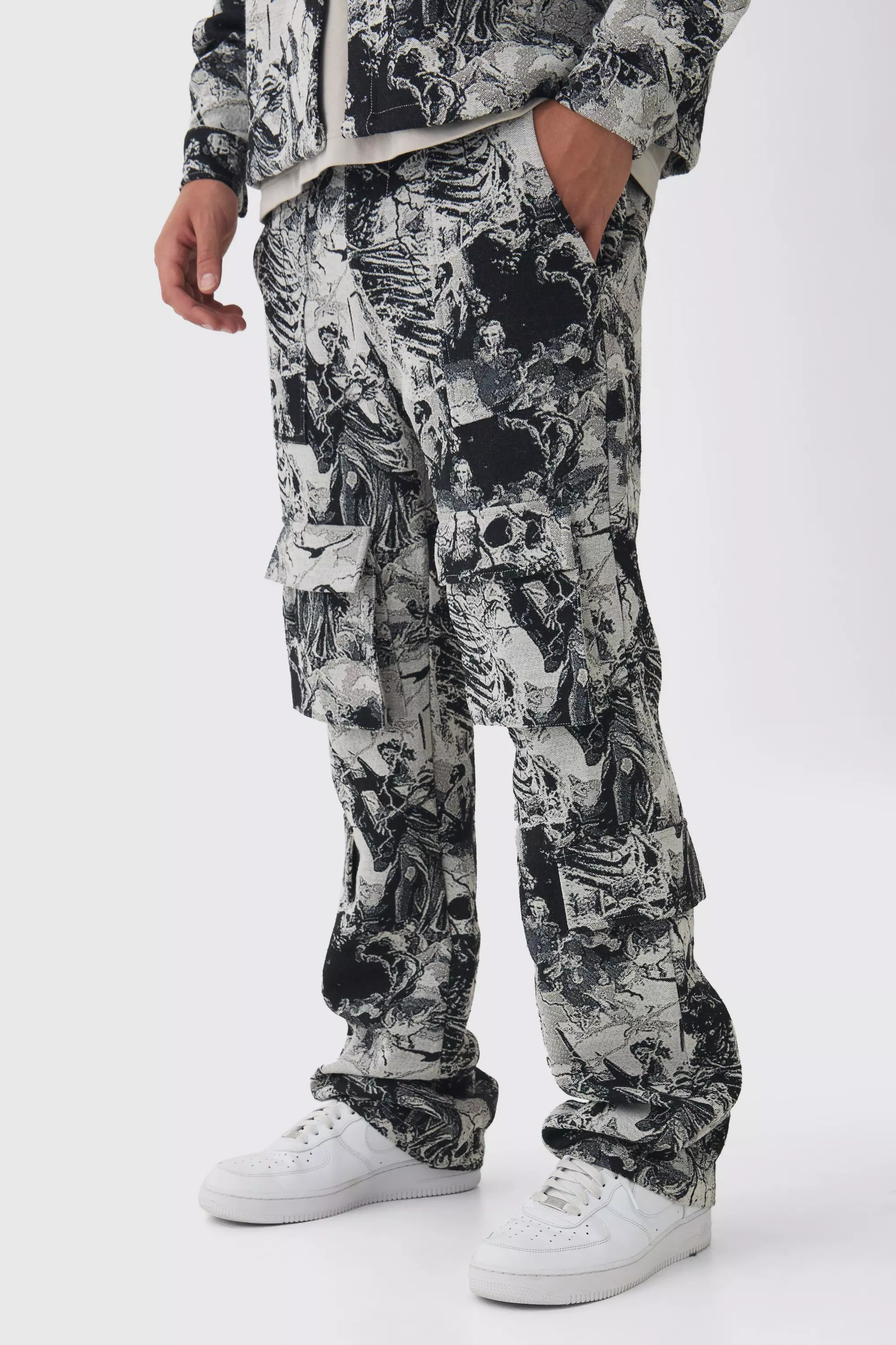 Black Slim Flared Stacked Tapestry Skull Cargo Pants