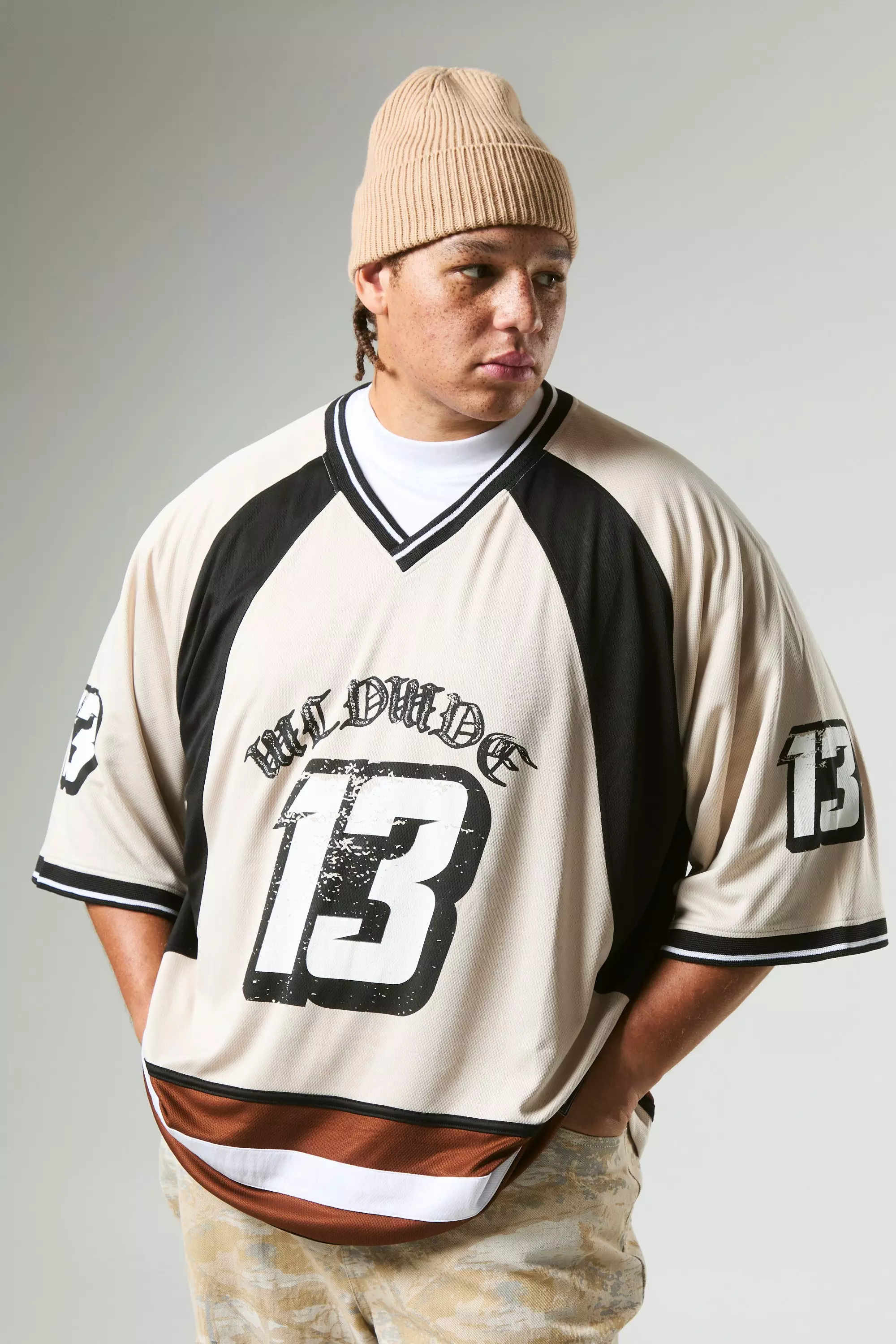 Plus Mesh Varsity Football Shirt Stone