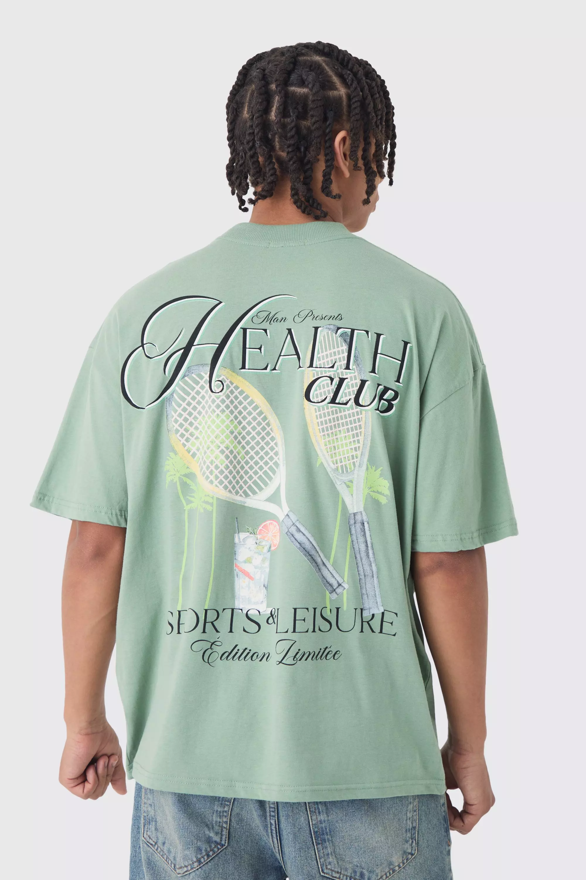 Sage Green Oversized Health Club Wash Back Print T-Shirt