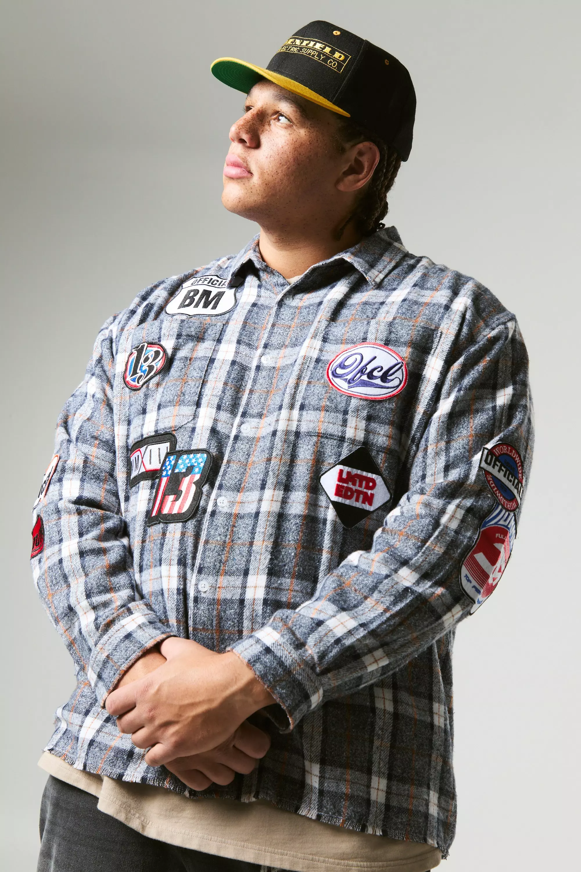 Denim Plus Applique Distressed Flannel Oversized Shirt alternative image