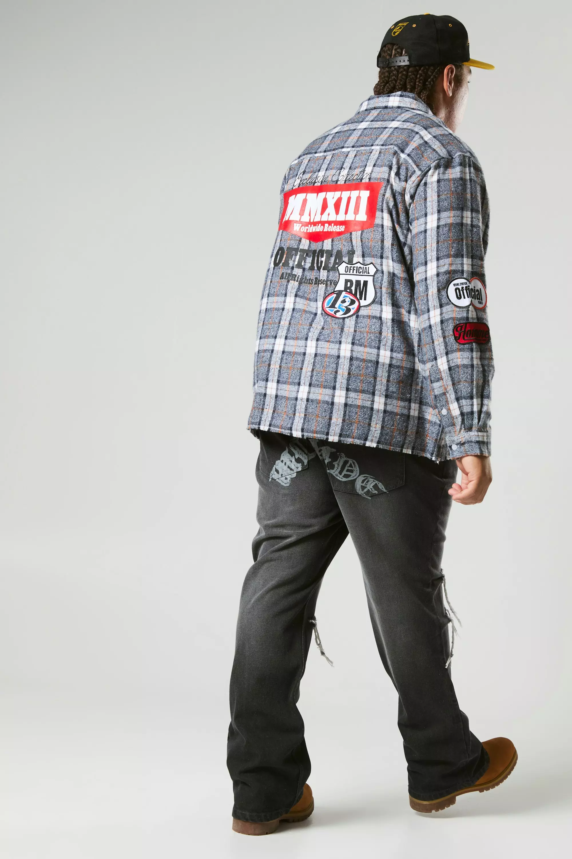 Denim Plus Applique Distressed Flannel Oversized Shirt alternative image