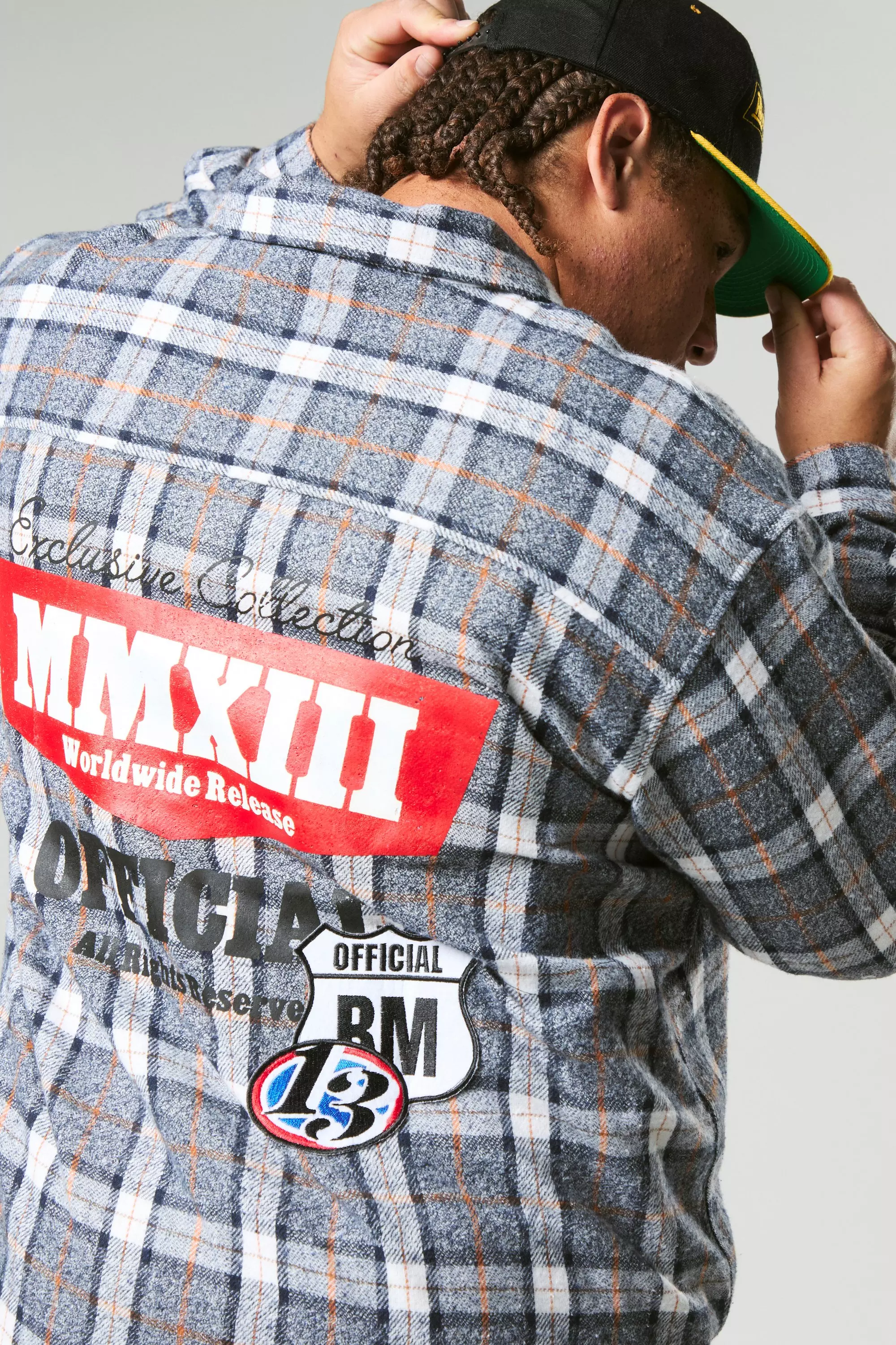 Denim Plus Applique Distressed Flannel Oversized Shirt alternative image