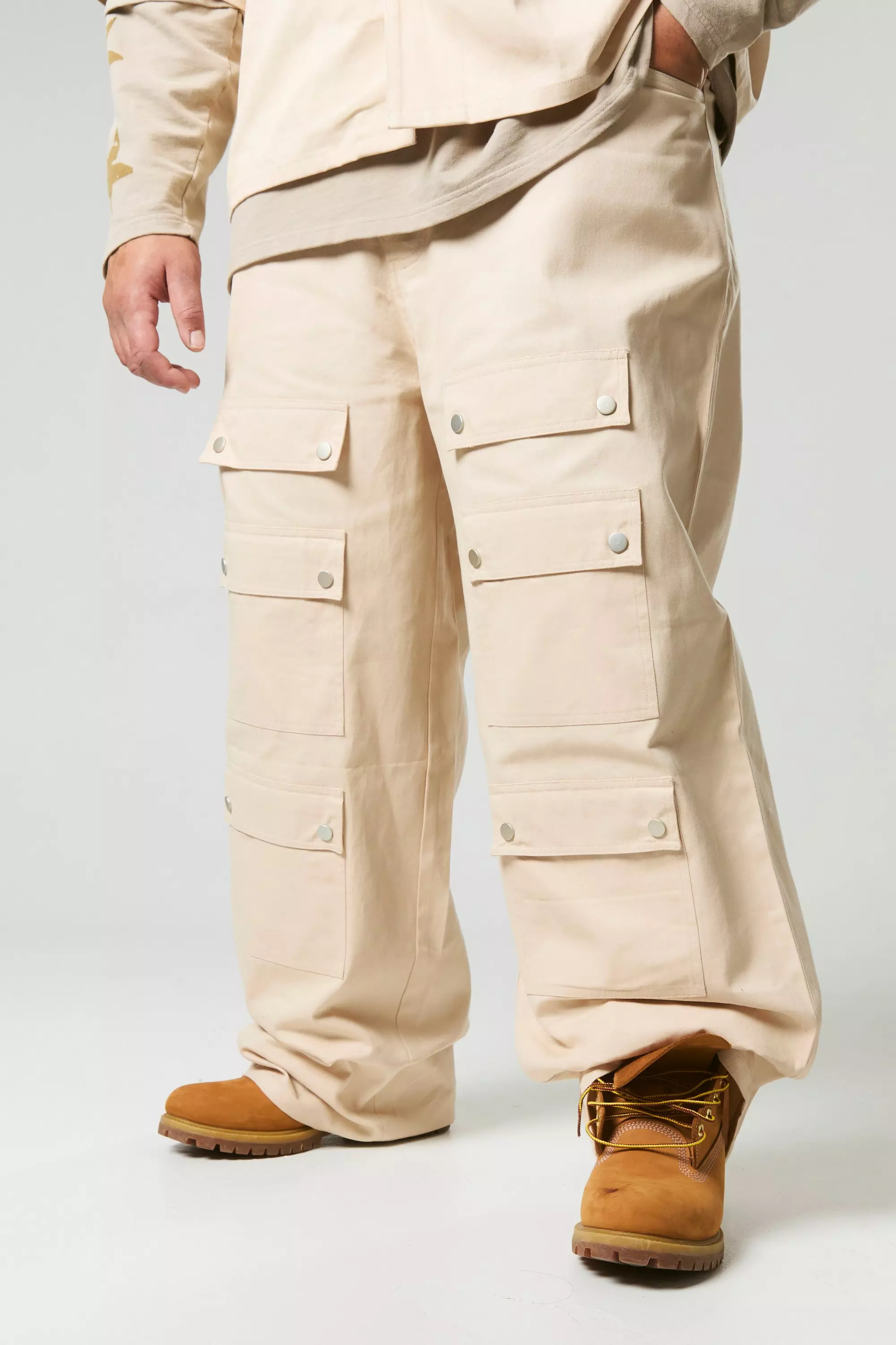 Plus Washed Twill Multi Cargo Pocket Wide Leg Pants Stone