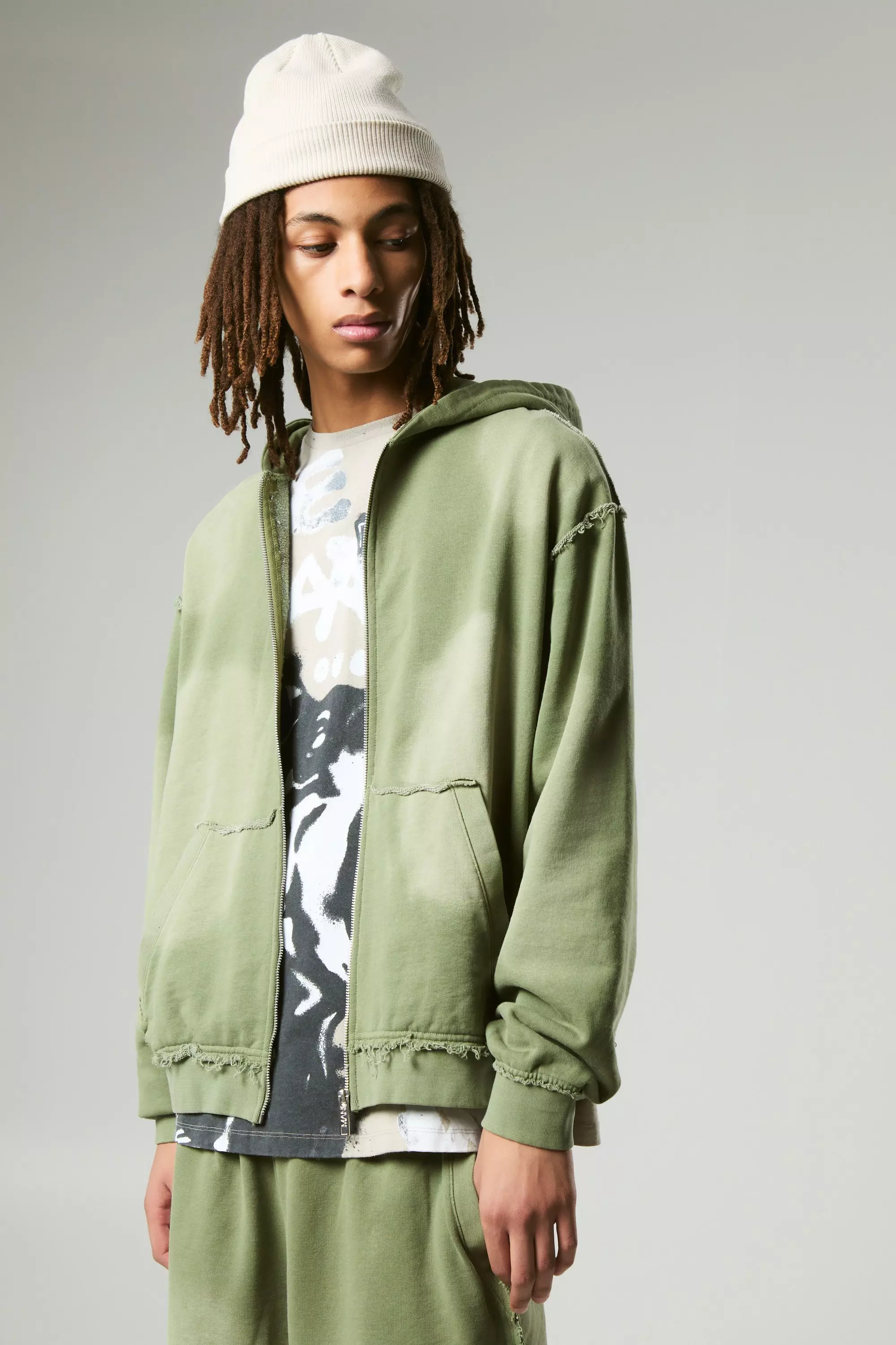 Green Oversized Boxy Spray Washed Zip Through Hoodie