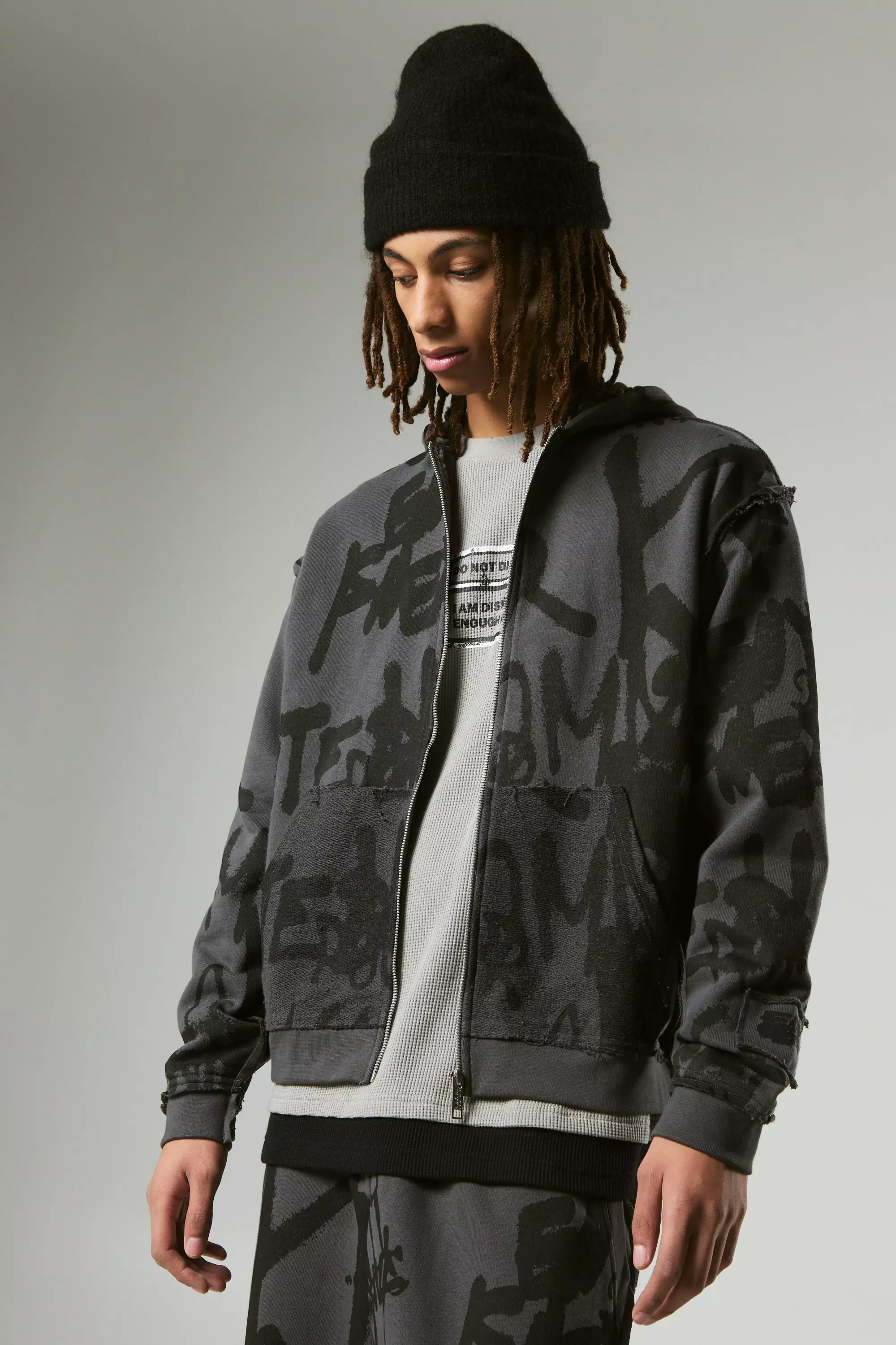 Charcoal Oversized Boxy Graffiti Loopback Vest Met Rits alternatieve afbeelding