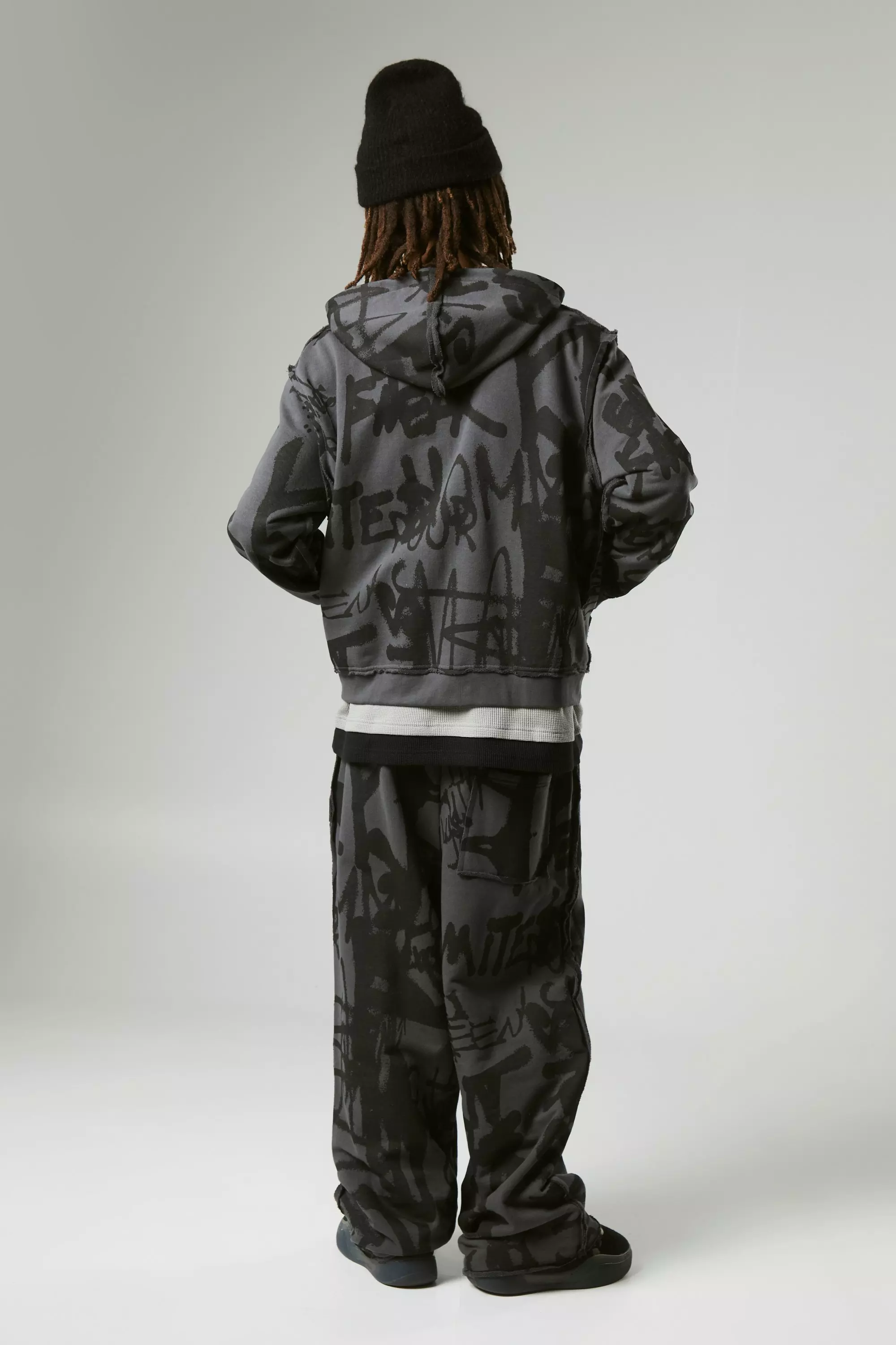 Charcoal Oversized Boxy Graffiti Loopback Vest Met Rits alternatieve afbeelding