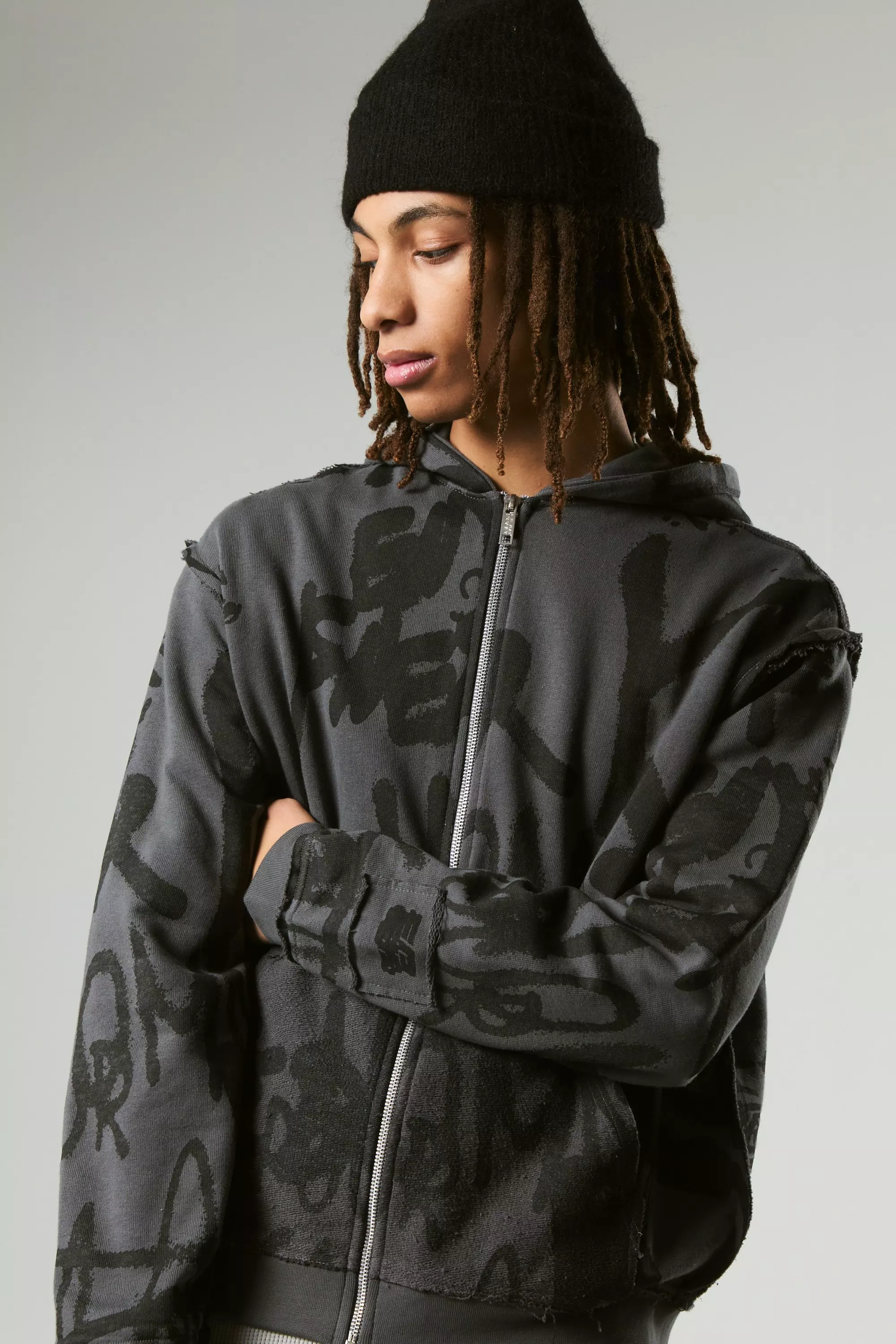 Charcoal Oversized Boxy Graffiti Loopback Vest Met Rits alternatieve afbeelding