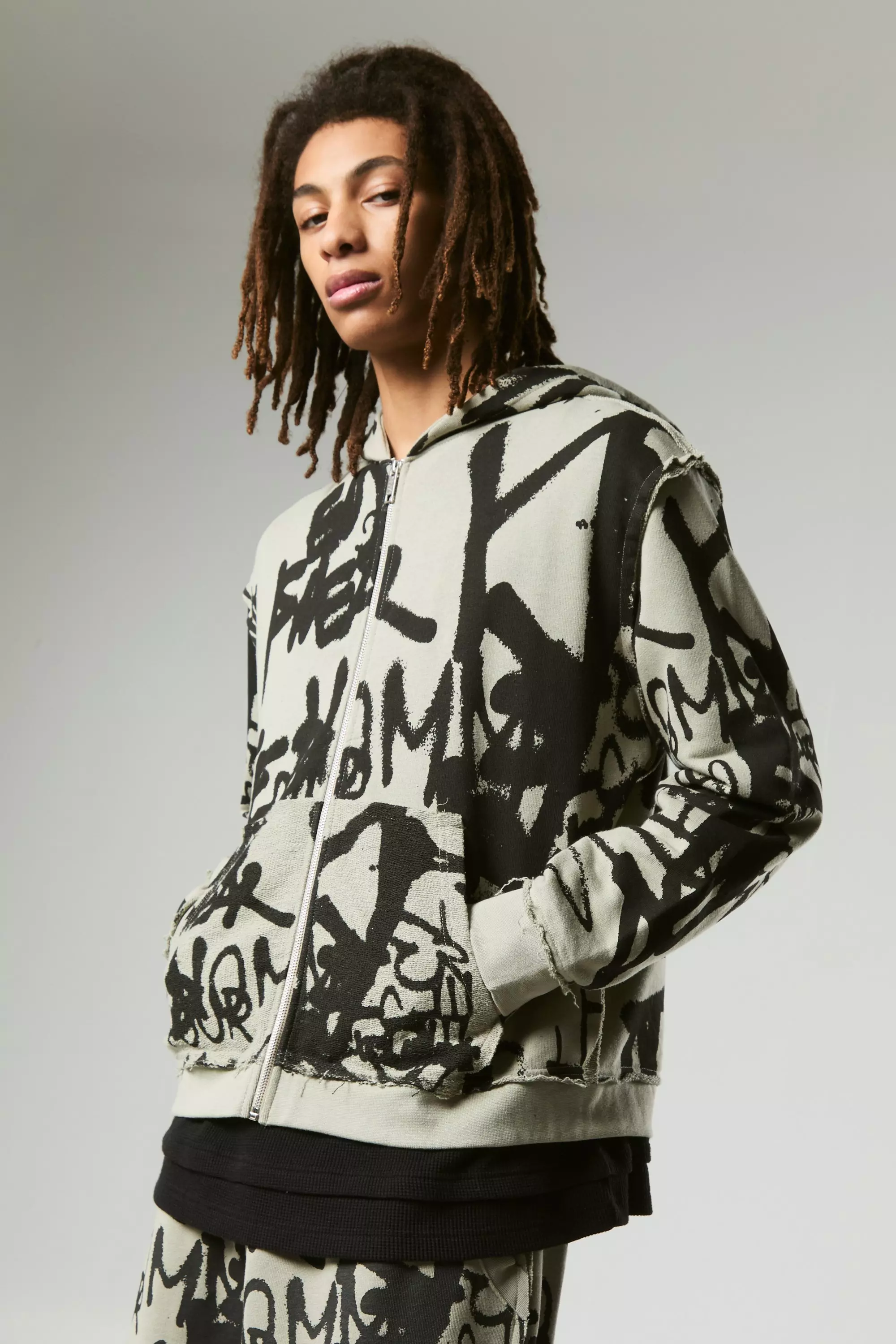 Oversized Boxy Graffiti Print Zip Through Loopback Hoodie | boohooMAN USA