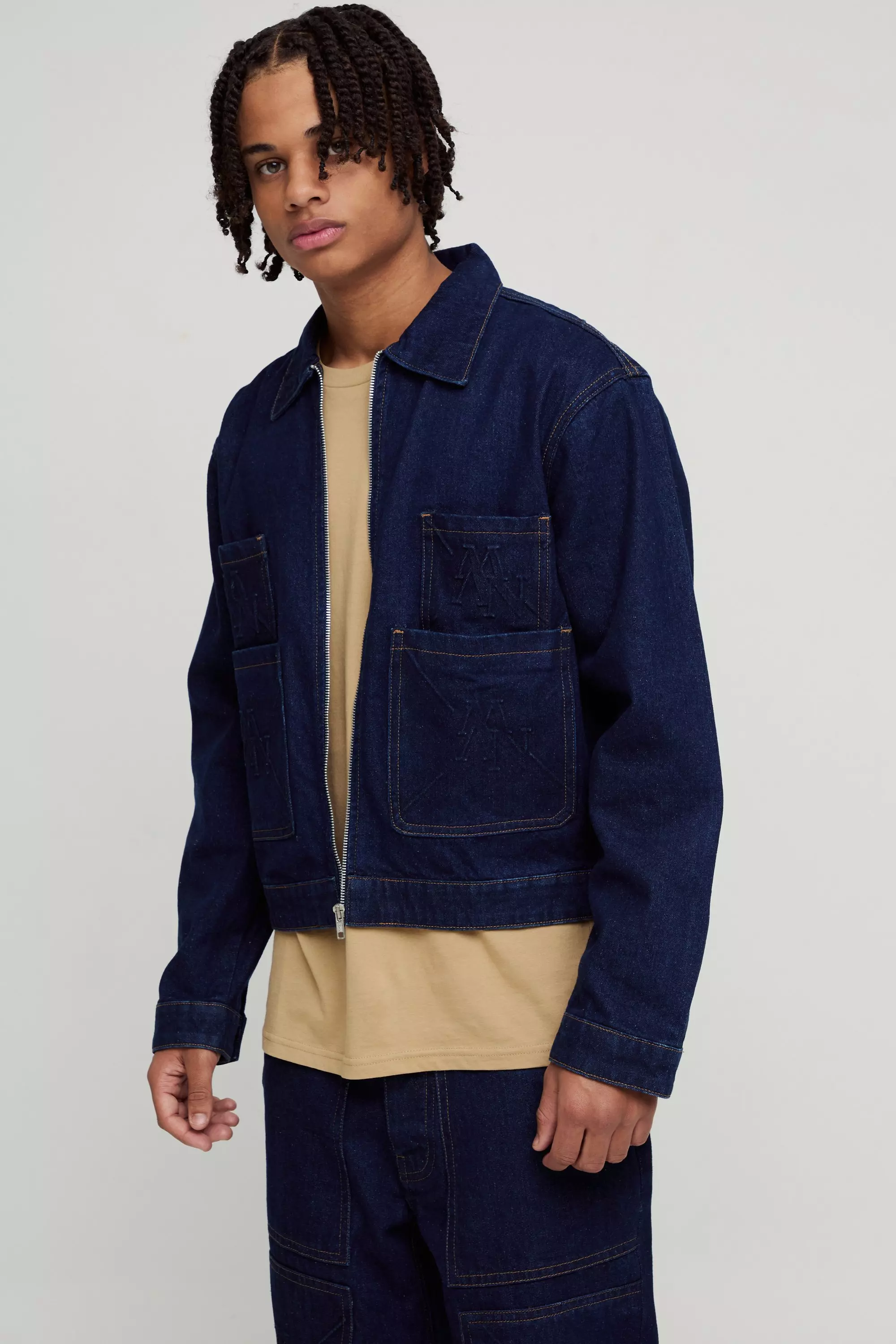 Relaxed Cropped Smart Embossed Jean Jacket Indigo