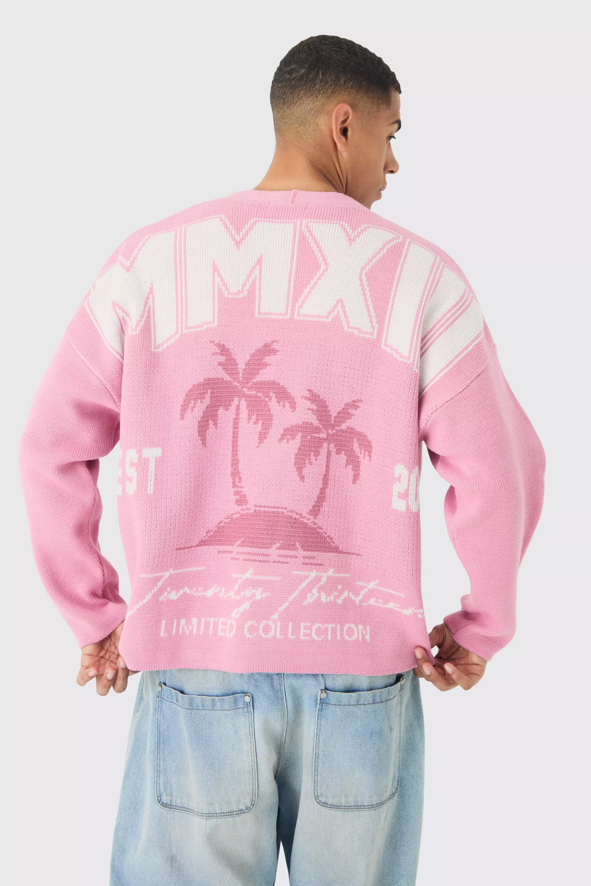 Oversized Boxy Palm Graphic Cardigan in Pink Pink