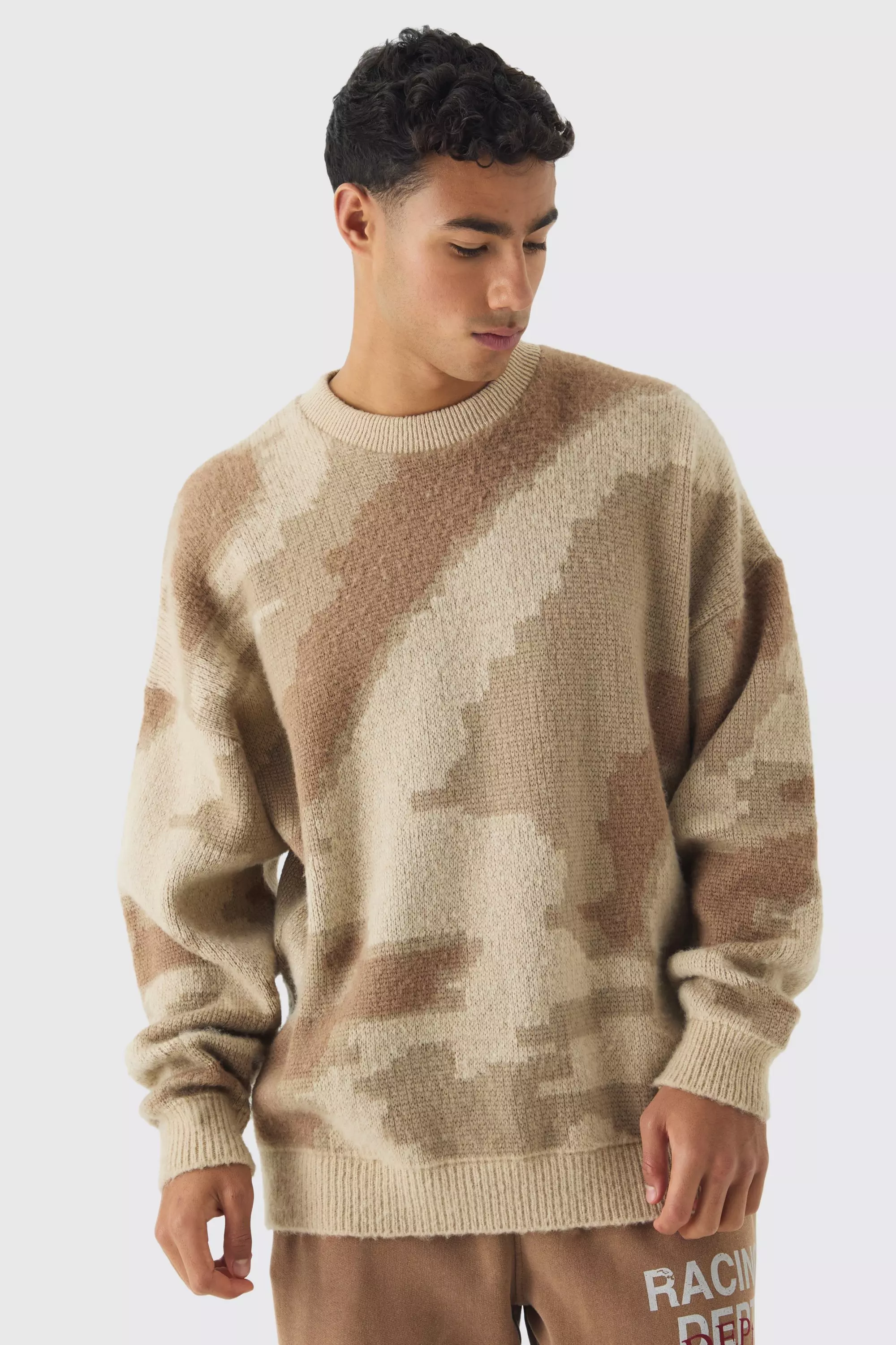 Abstract Camo Brushed Jumper in Stone Stone