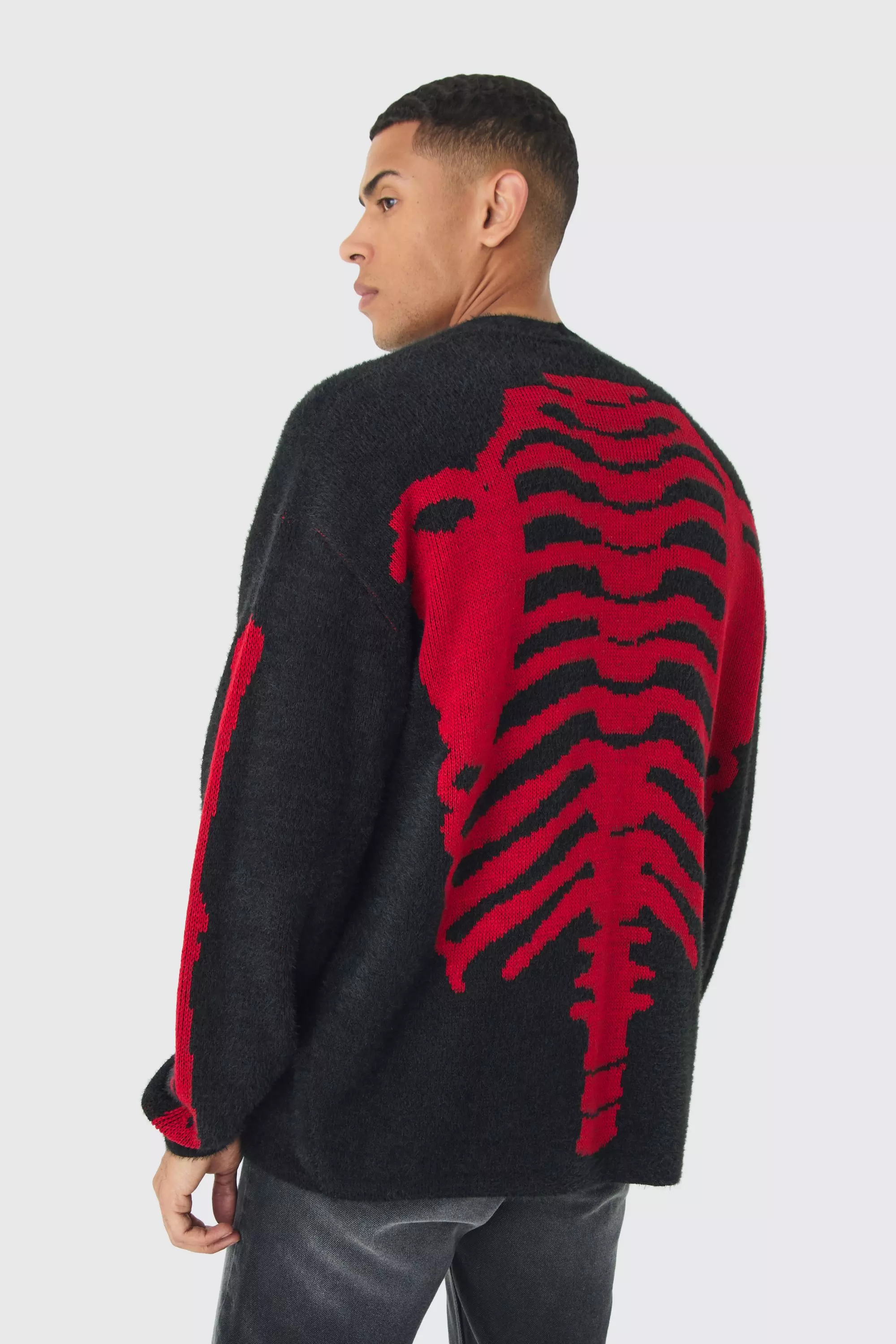 Oversized Ribcage Intarsia Fluffy Knit Cardigan in Black Black