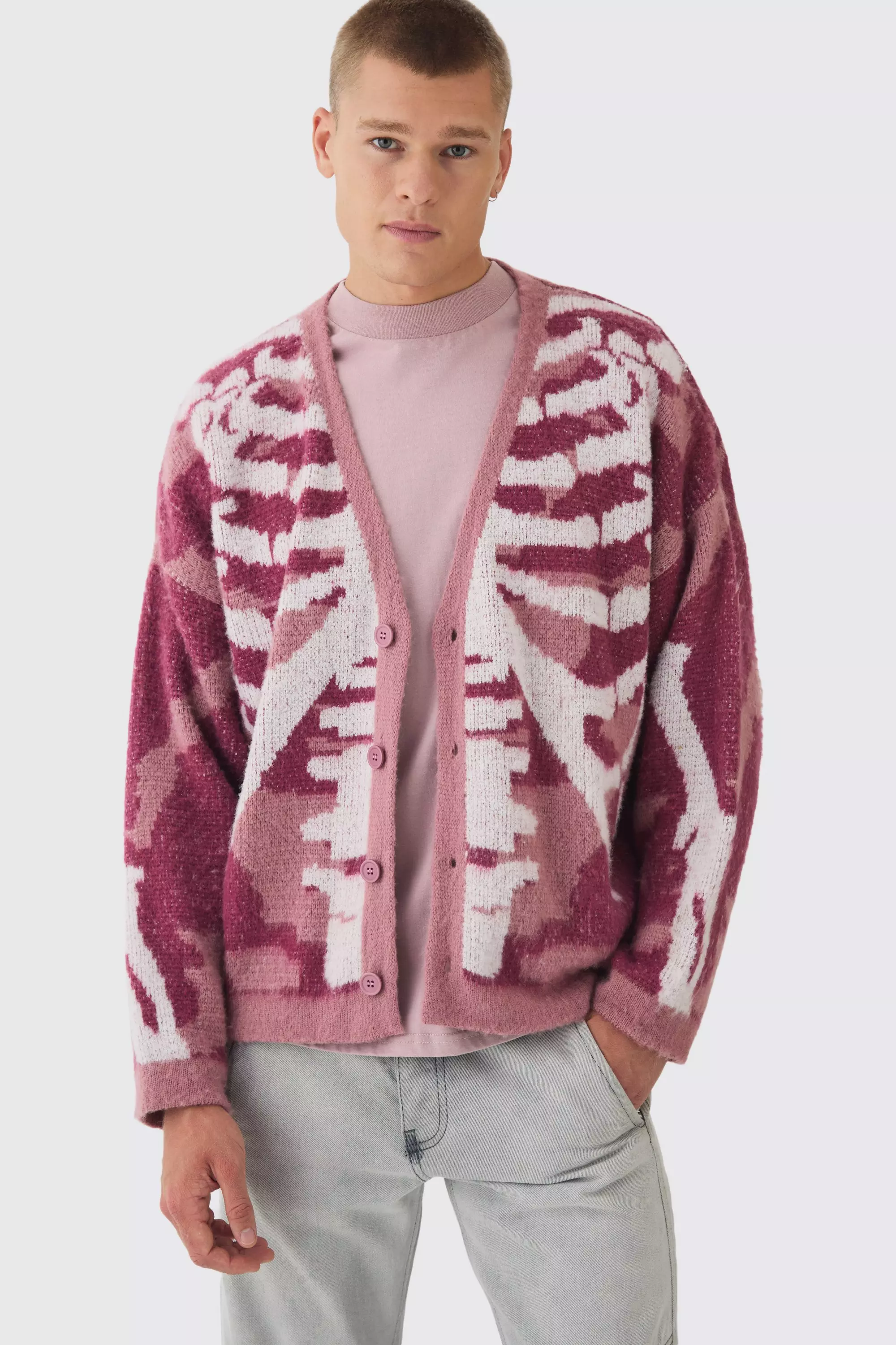 Abstract Camo Brushed Cardigan in Pink Pink