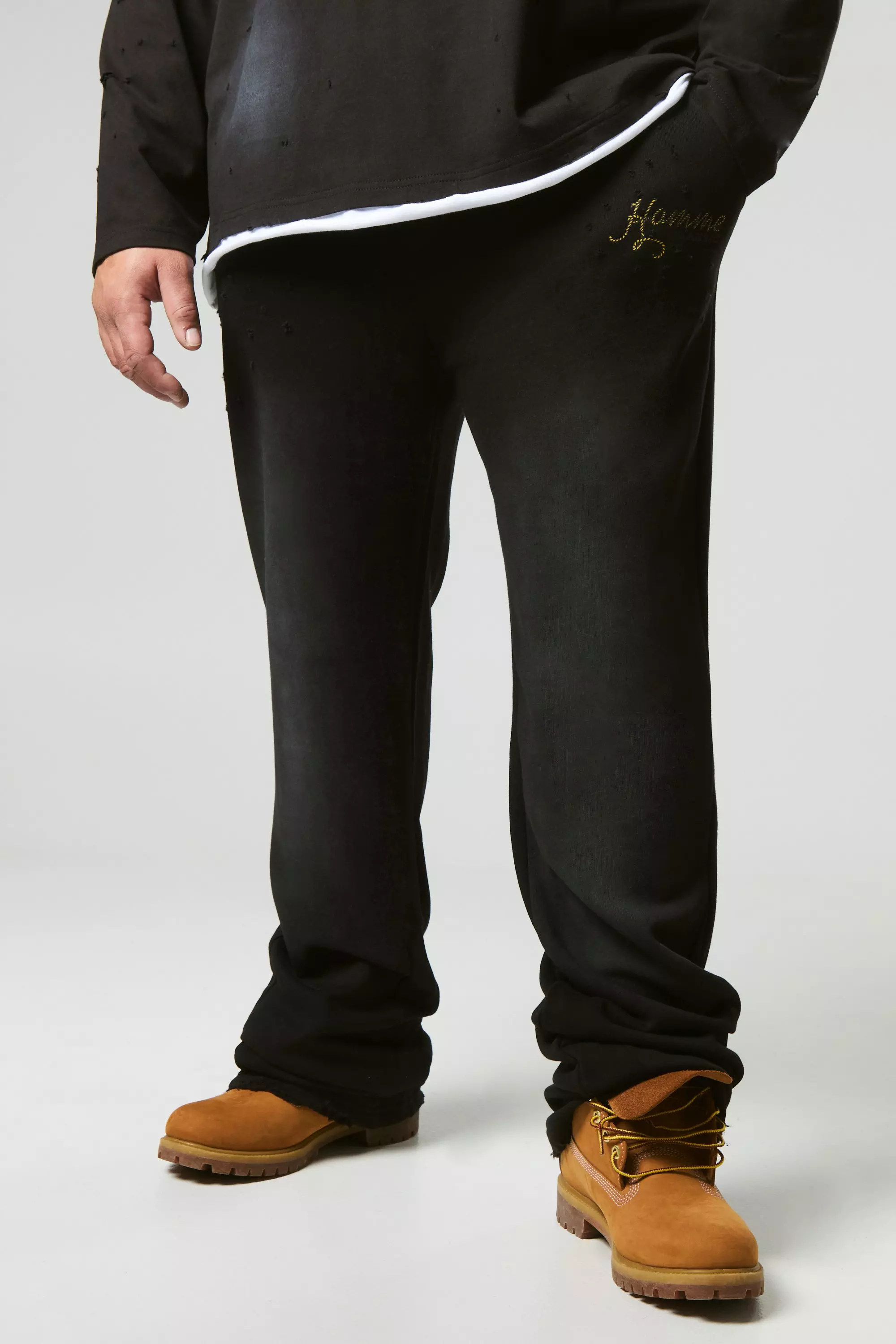 Plus Distressed Flared Joggers boohooMAN