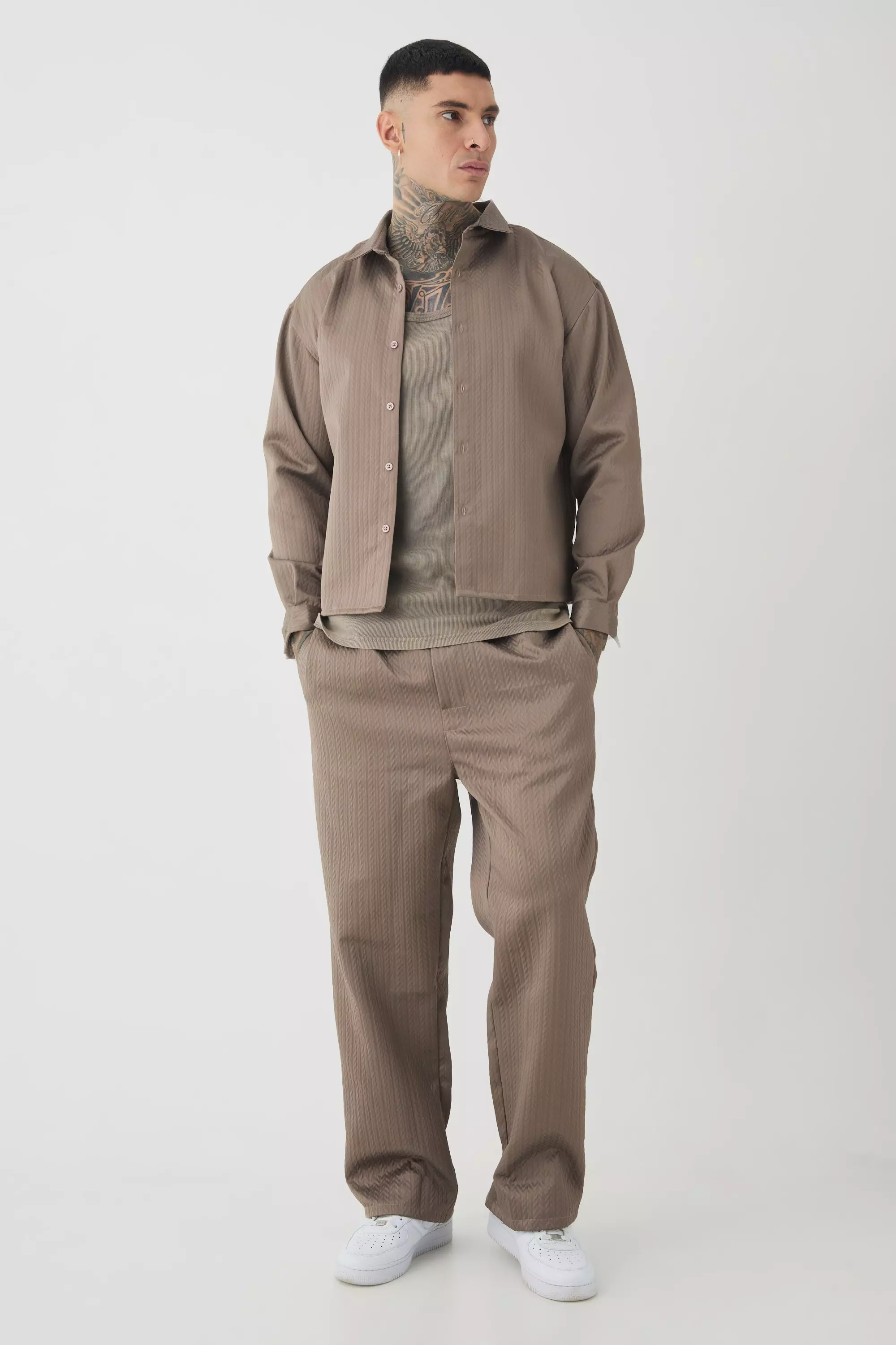 Tall Textured Relaxed Fit Pants and Shirt Set in Brown Brown