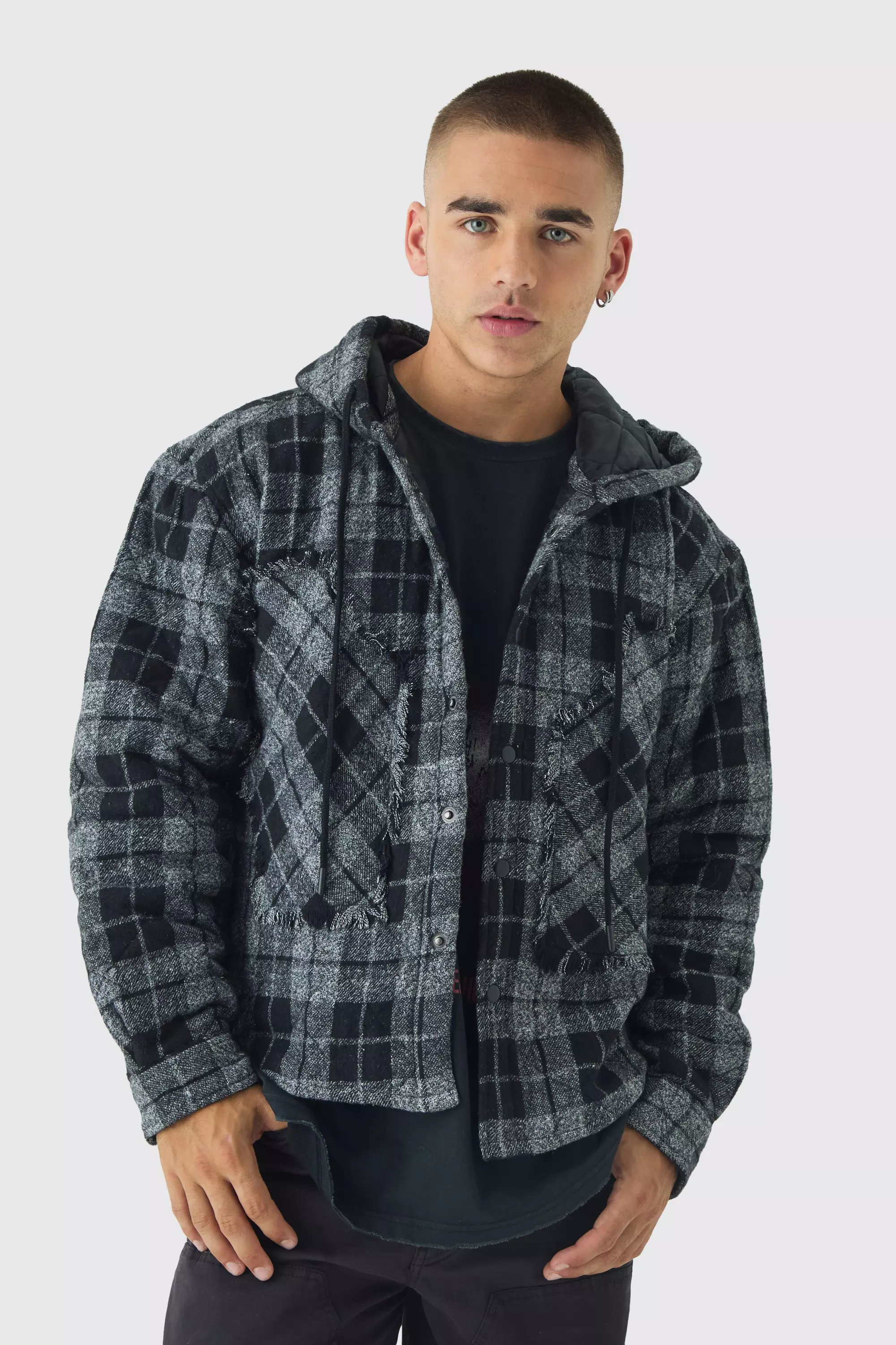 Kariertes Oversize Patchwork-Hemd mit Kapuze, Black alternatives Bild