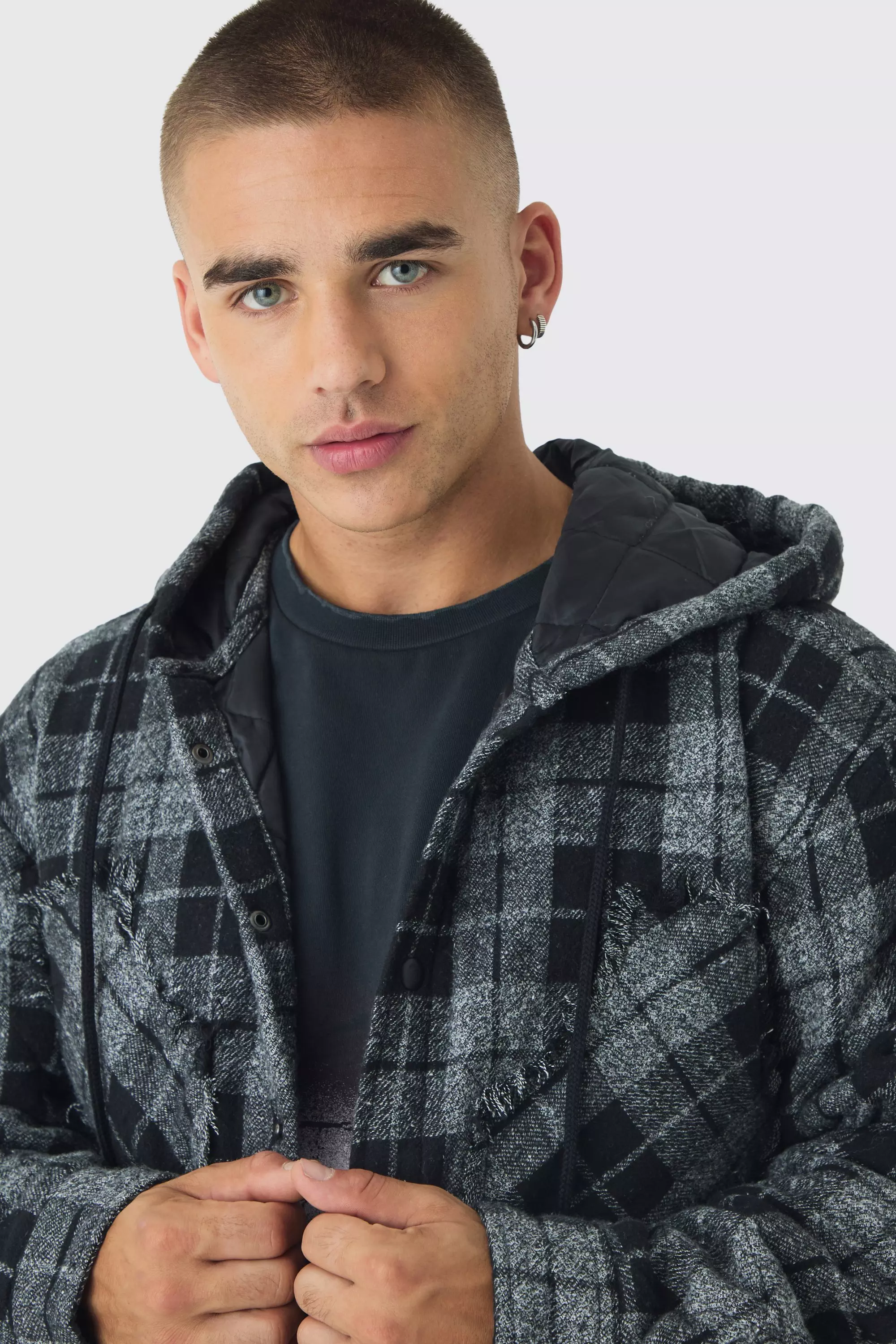 Black Oversized Hooded Check Patchwork Padded Shirt alternative image