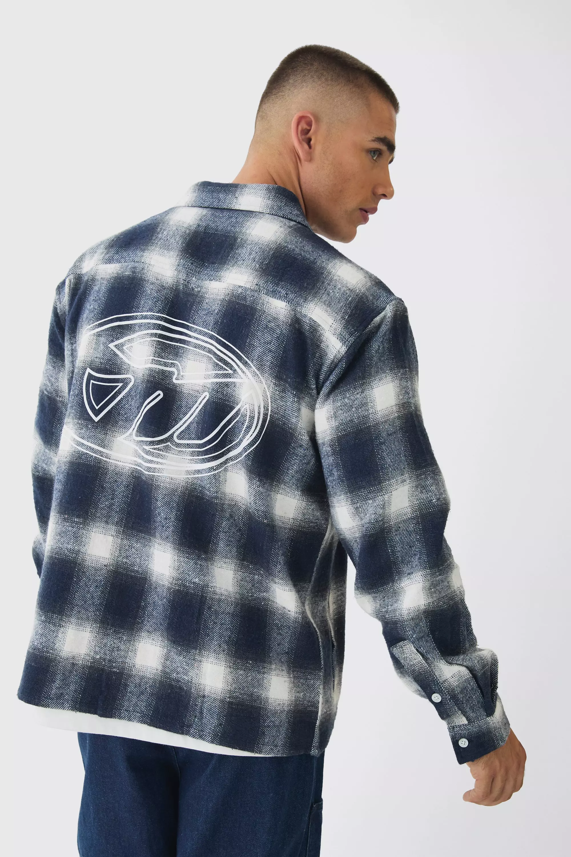 Oversized M Embroidered Plaid Long Sleeve Shirt Light grey