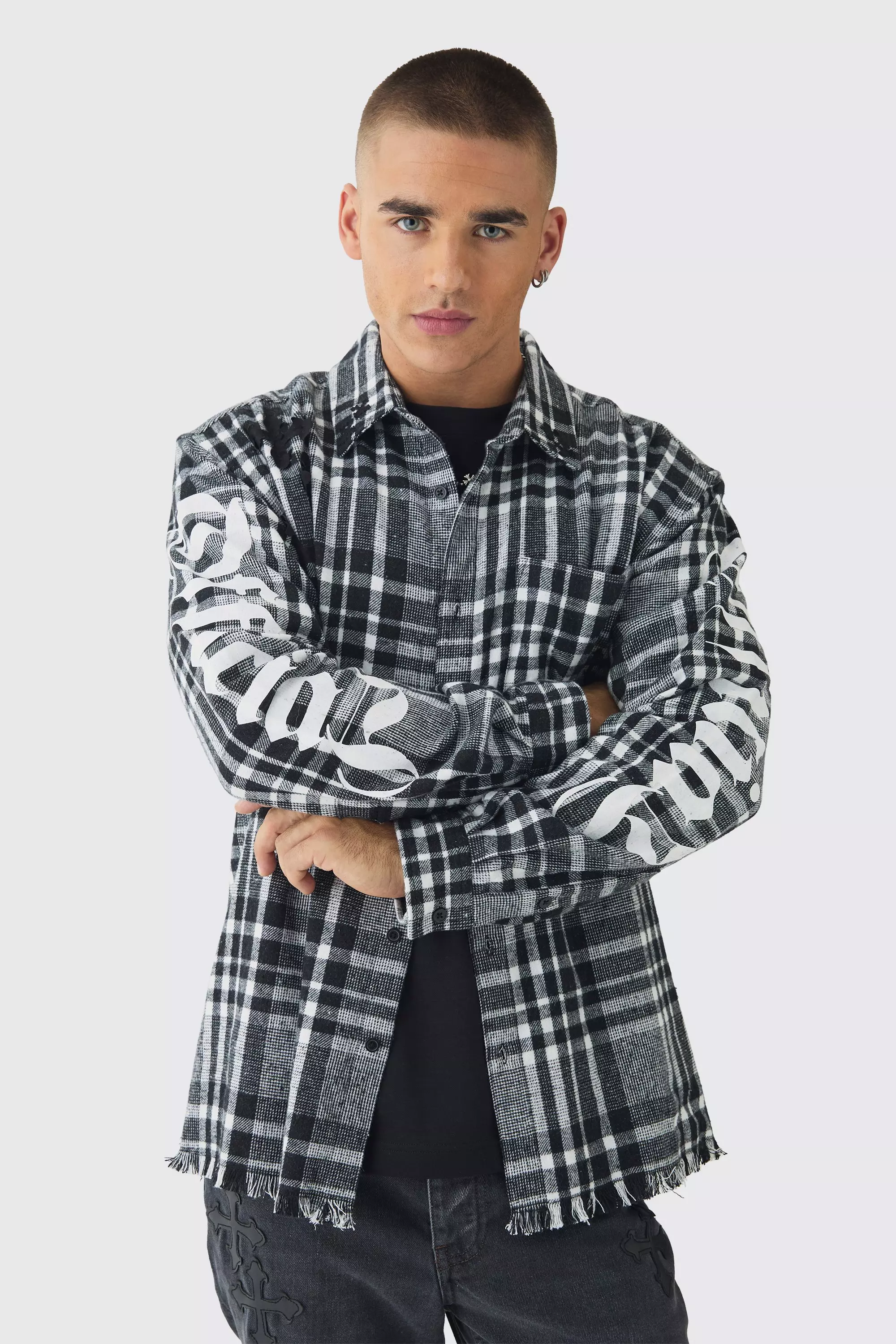 Oversized Cross Patchwork Plaid Long Sleeve Shirt Charcoal