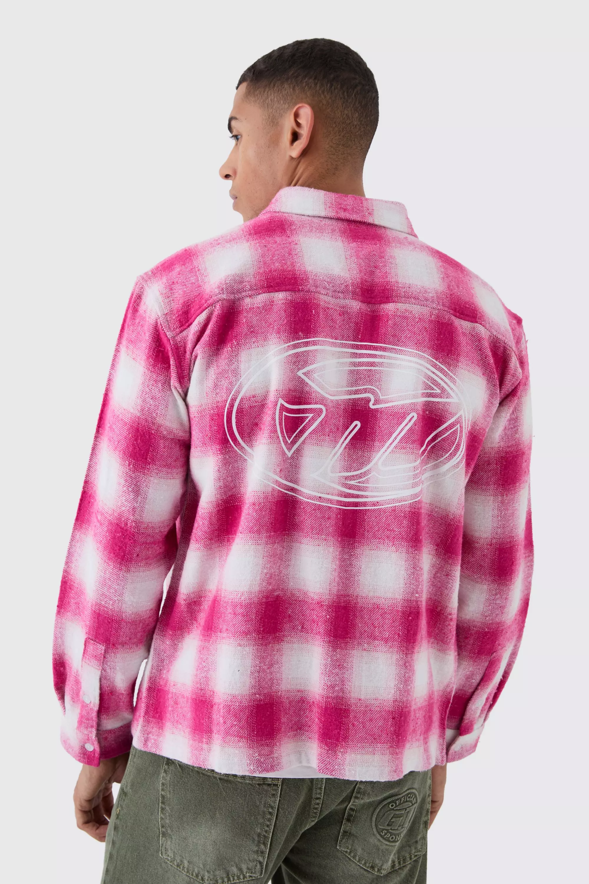 Oversized M Embroidered Plaid Long Sleeve Shirt Pink