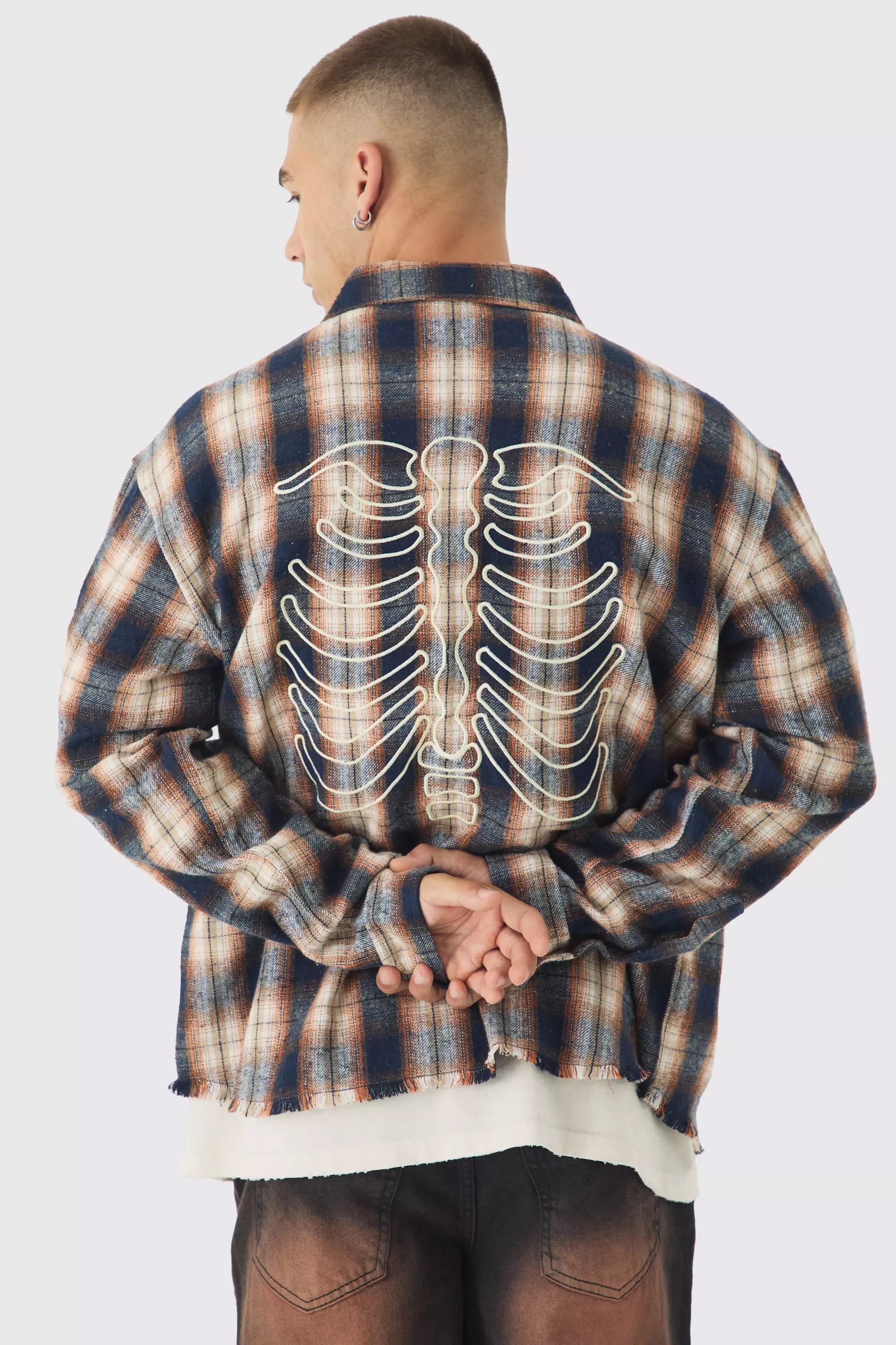 Oversized Skeleton Applique Flannel Shirt Brown