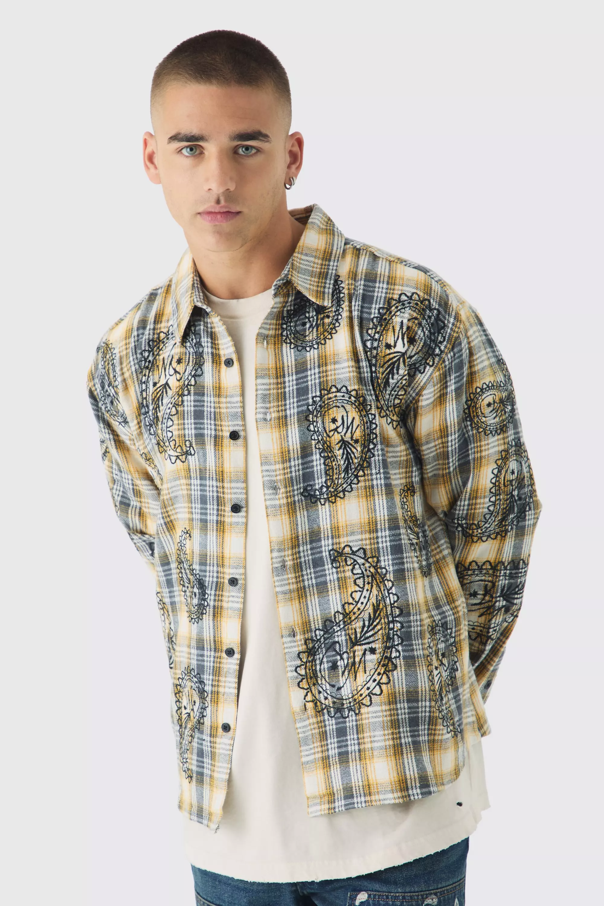 Yellow Oversized Paisley Embroidered Plaid Long Sleeve Shirt