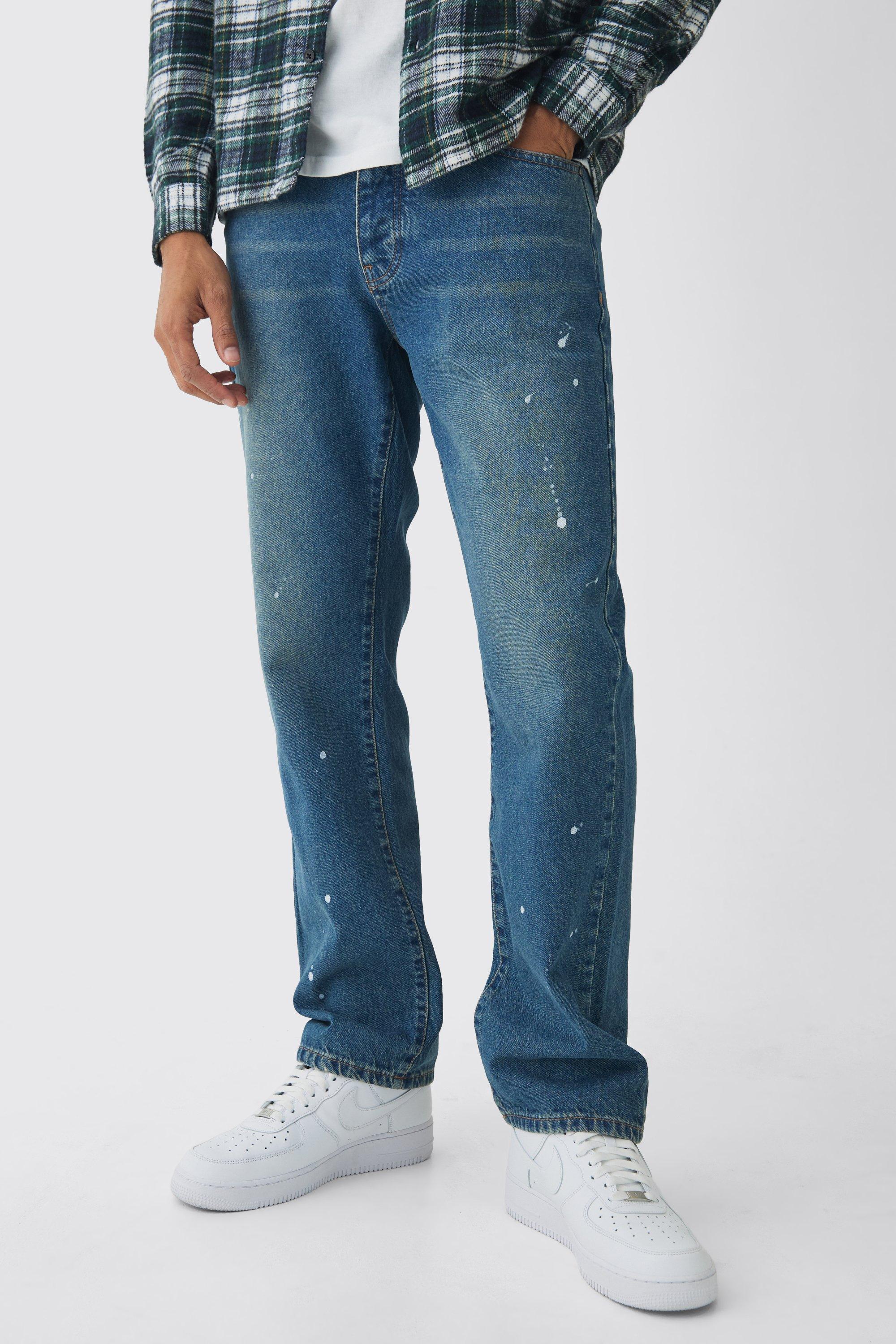 Straight Leg Paint Splatter Jeans With Tonal Embroidery, Antique blue