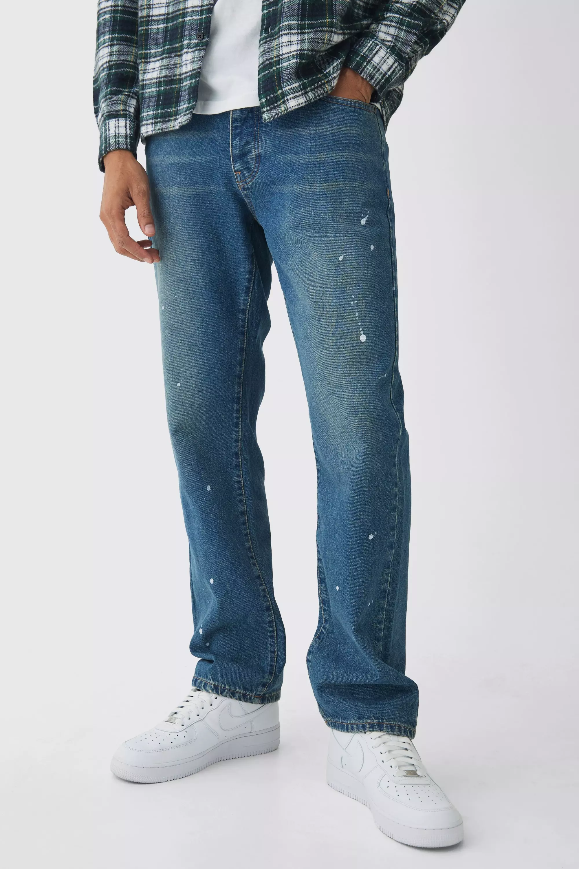 Straight Leg Paint Splatter Jeans With Tonal Embroidery Antique blue