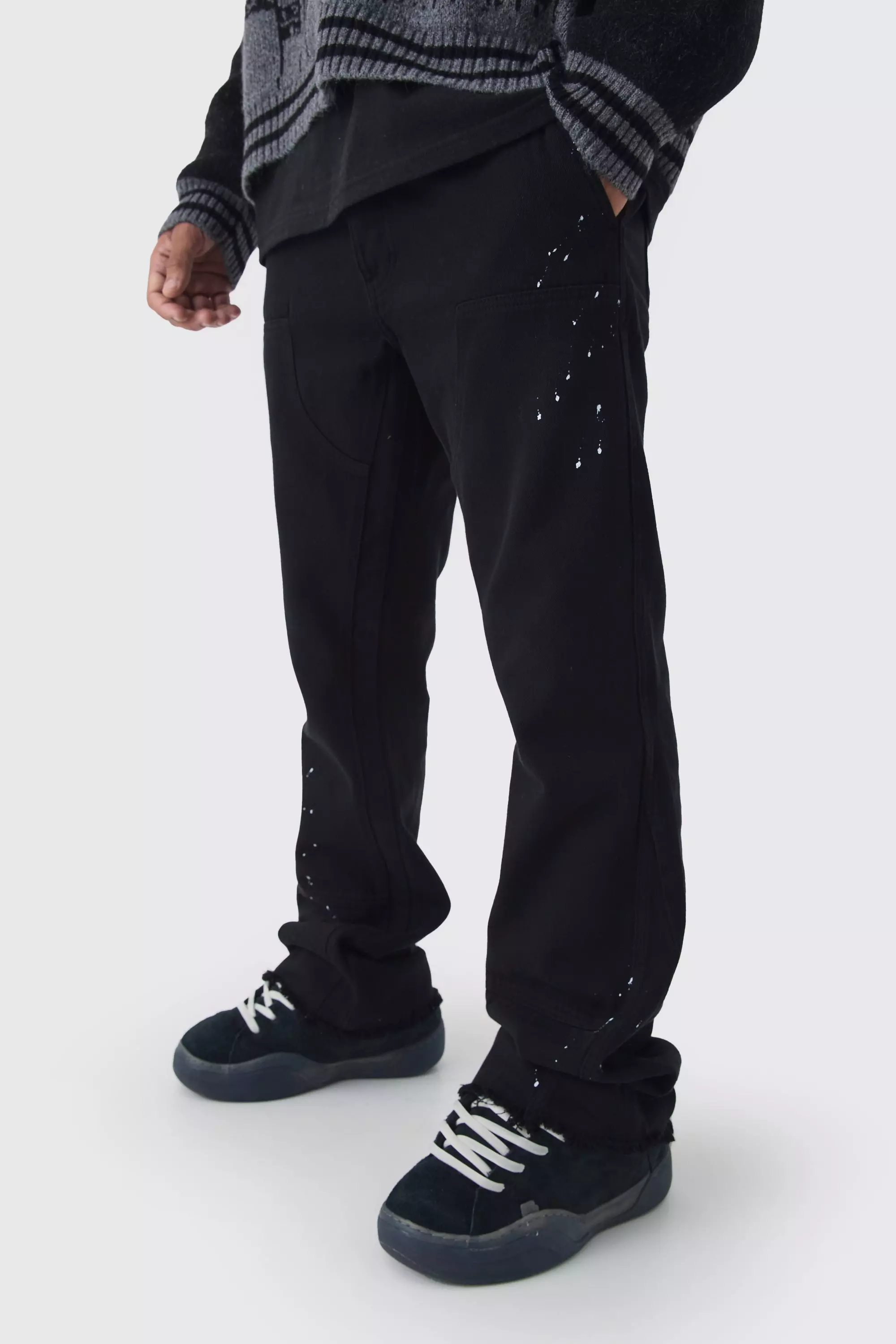 Black Relaxed Flared Carpenter Paint Splatter Pants