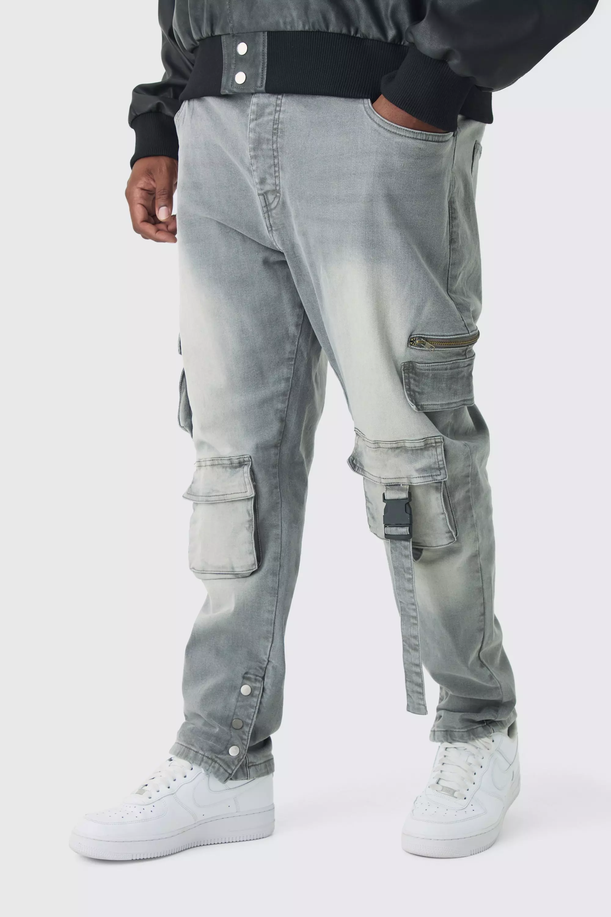 Grey Plus Skinny Stretch Multi Pocket Cargo Jeans