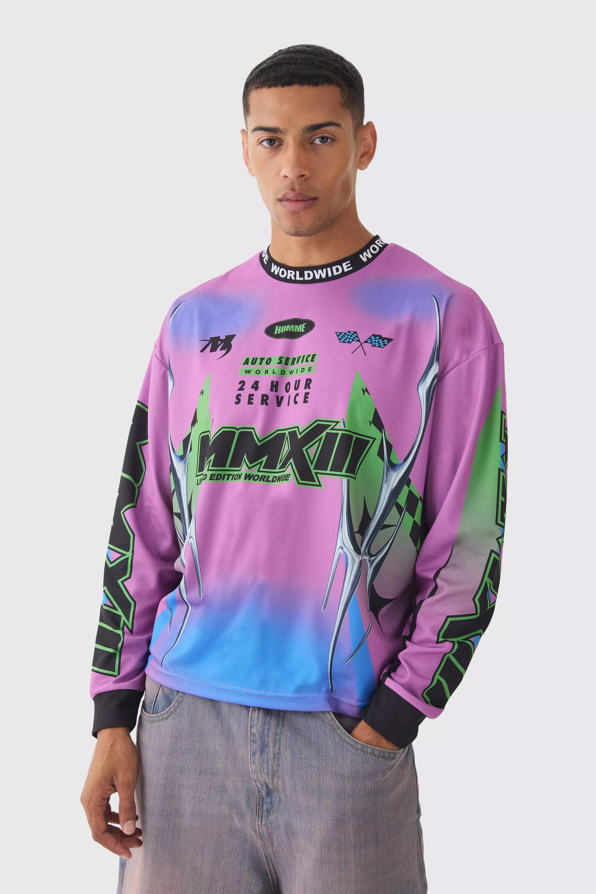 Oversized Boxy Mesh Graffiti Moto Jacquard Neck Long Sleeve T-shirt Purple