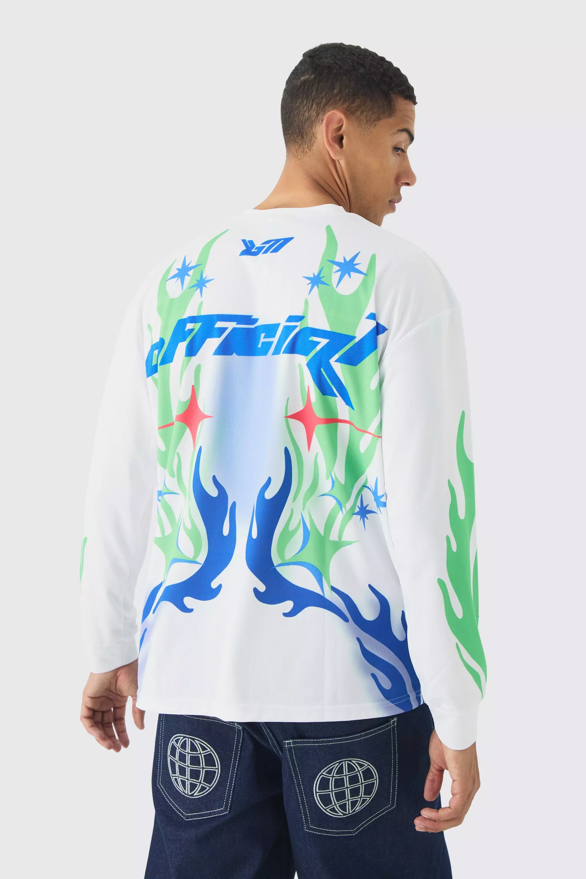 Oversized Closed Mesh Graffiti Moto Long Sleeve T-shirt White