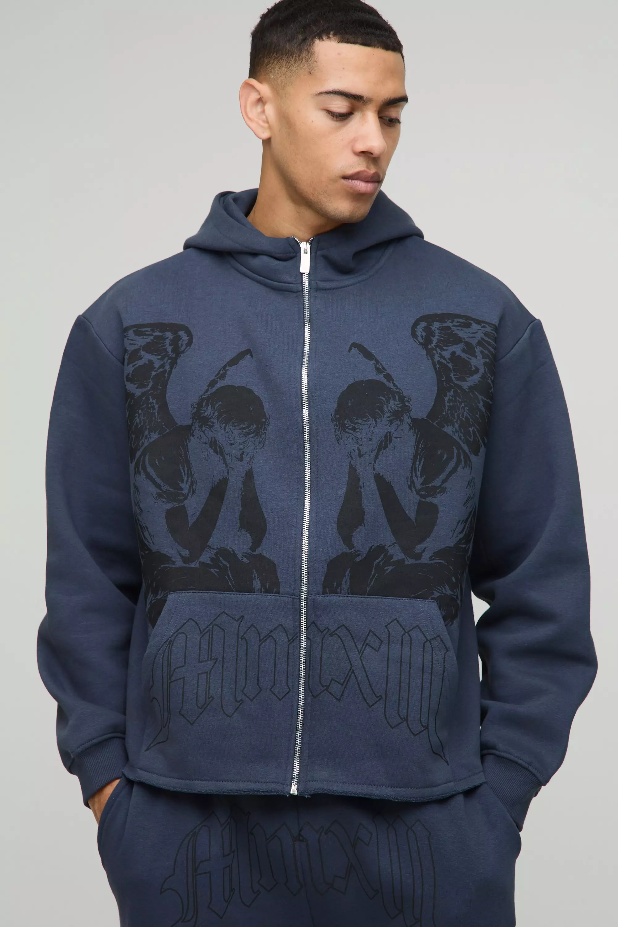 Oversized Boxy Zip Through Renaissance Graphic Hoodie | boohooMAN USA