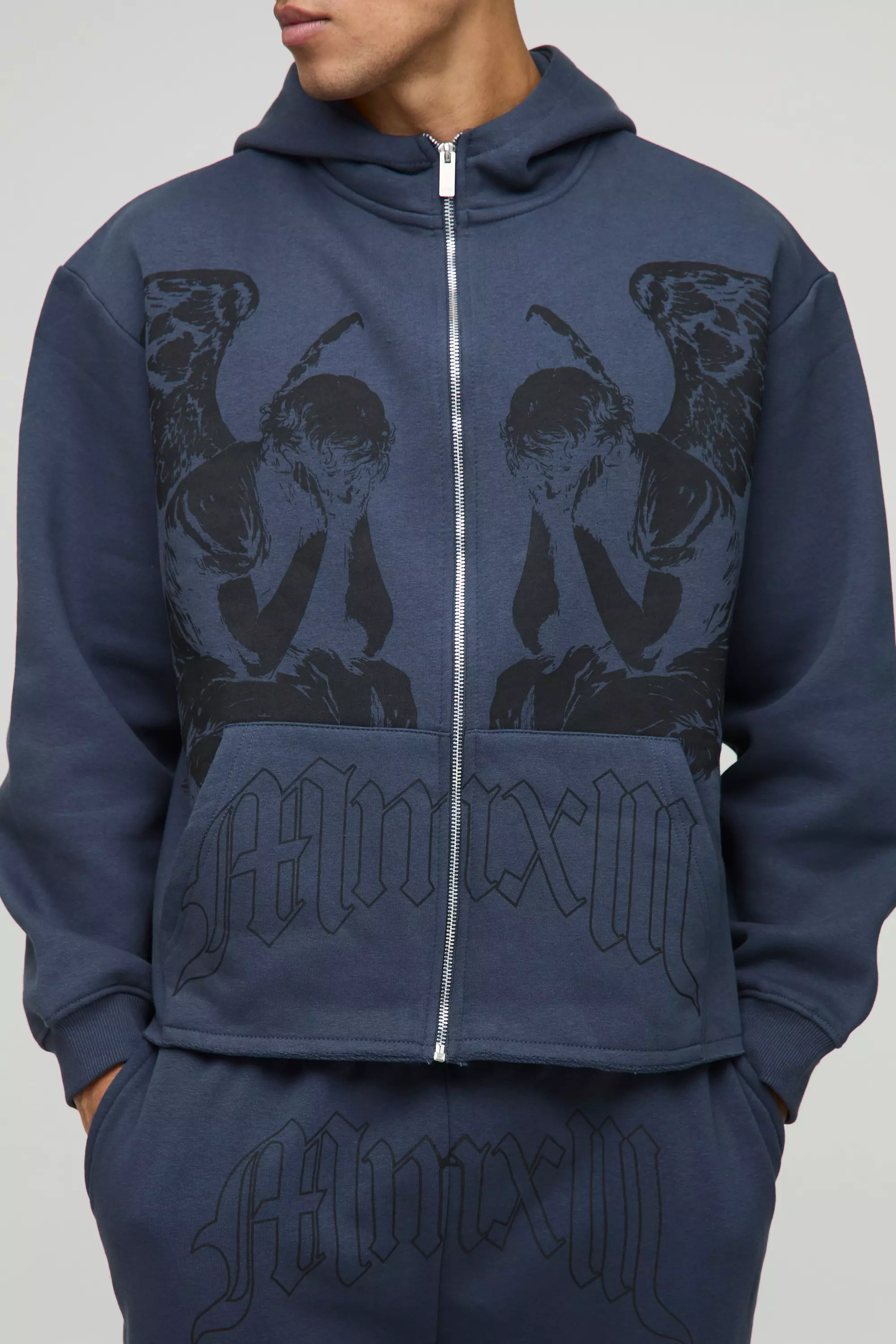Oversized Boxy Zip Through Renaissance Graphic Hoodie | boohooMAN USA