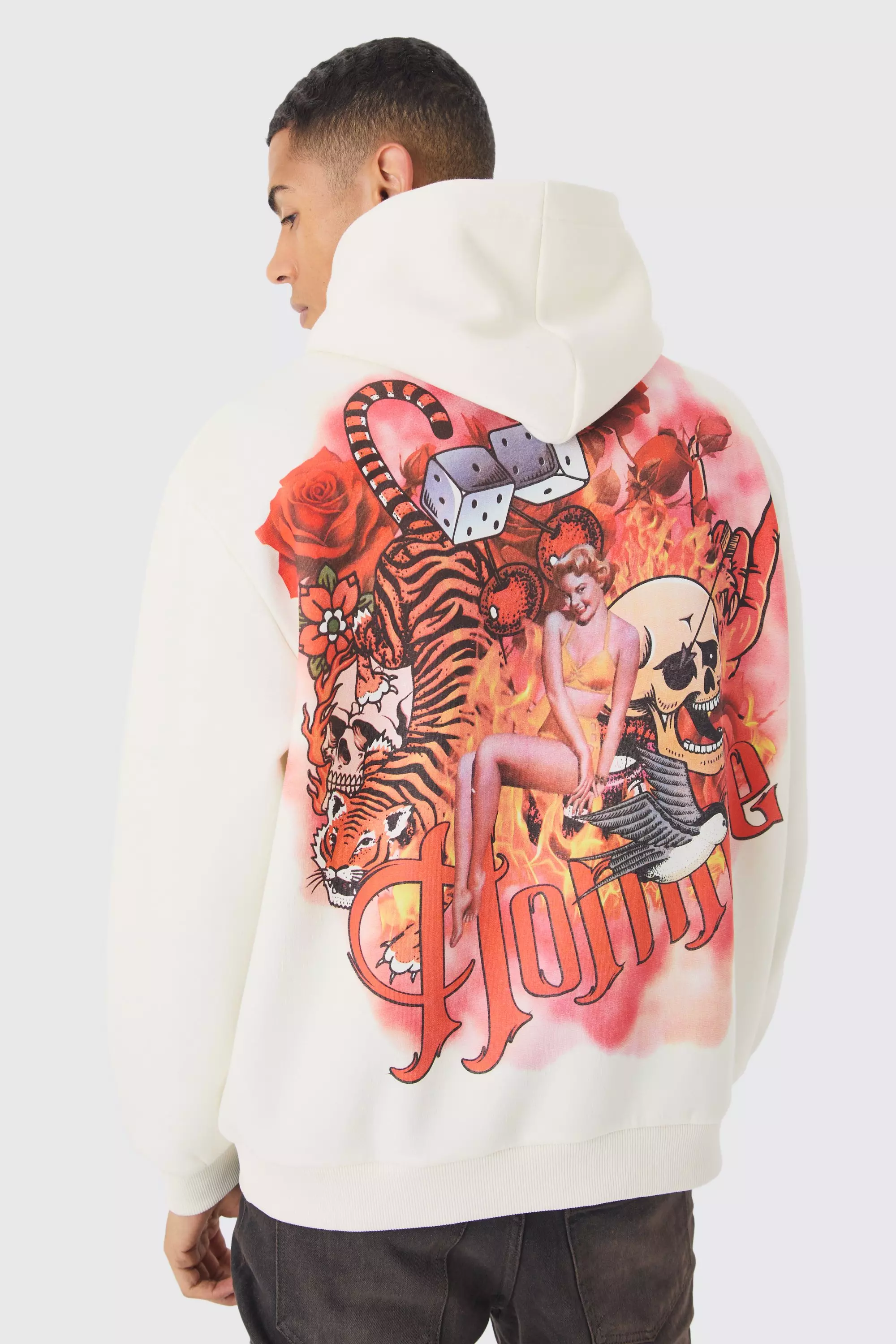 Ecru White Oversized Homme Tattoo Back Graphic Hoodie