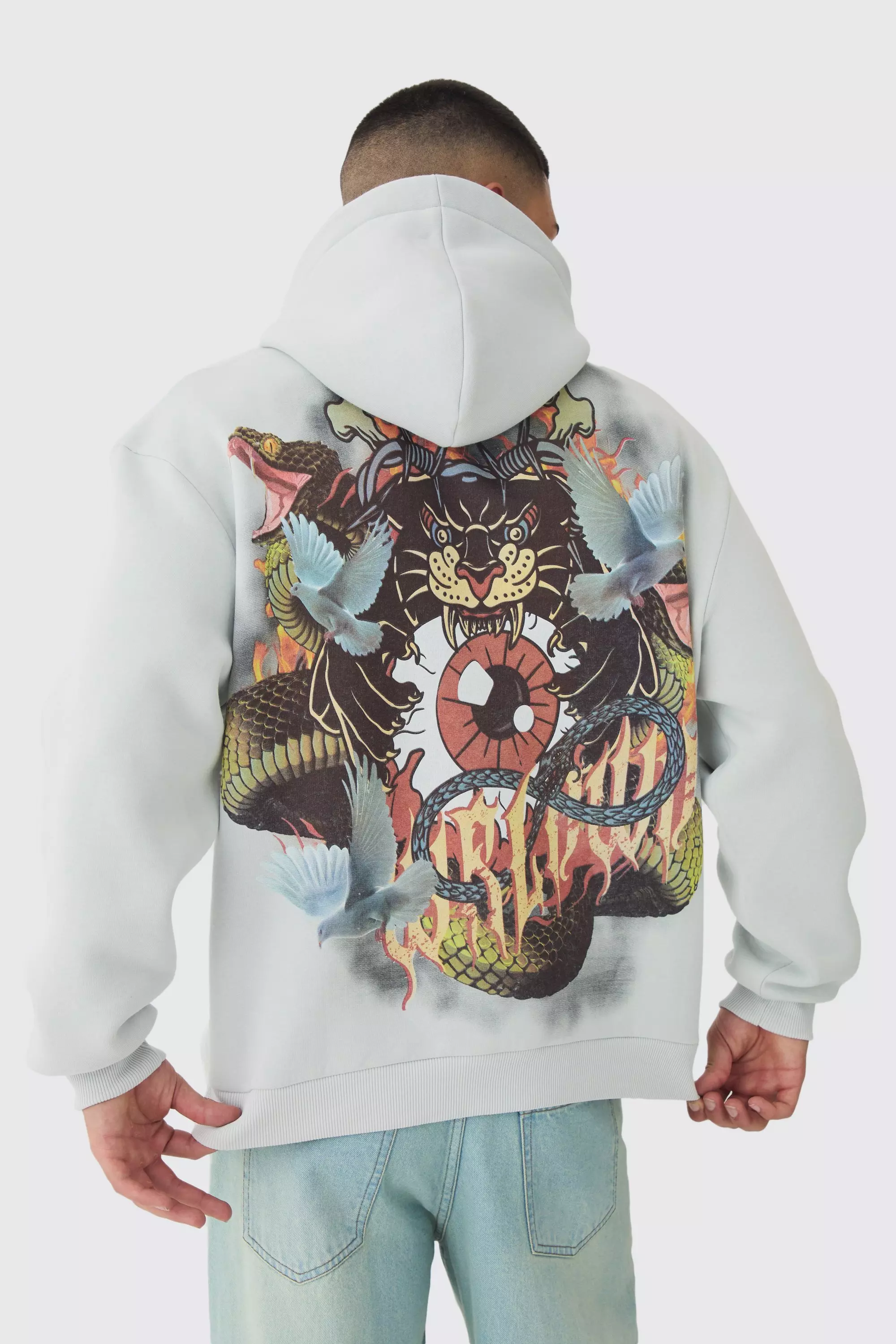 Light-grey Grey Oversized Worldwide Tattoo Back Graphic Hoodie