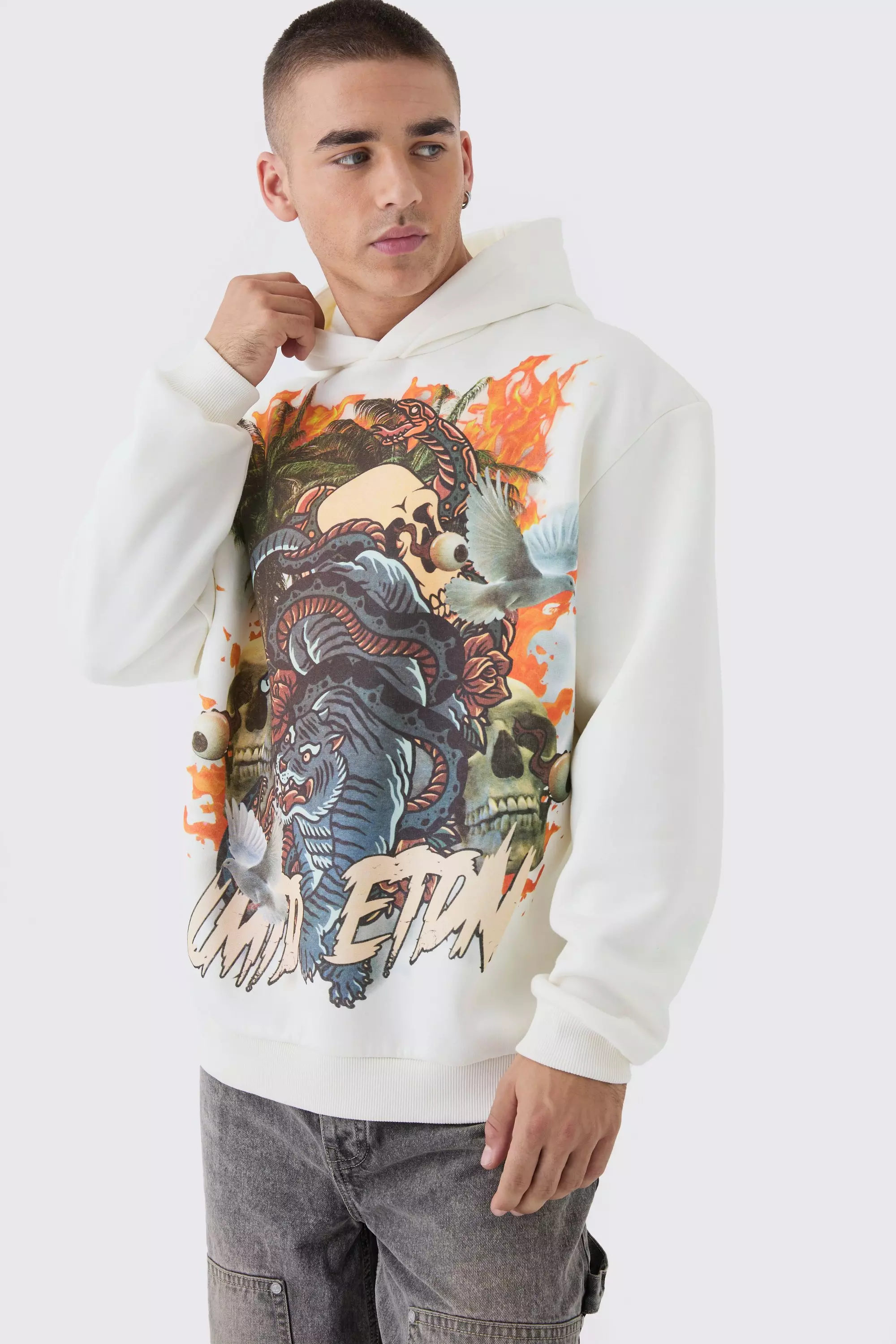 Ecru White Oversized Limited Edition Tattoo Graphic Hoodie