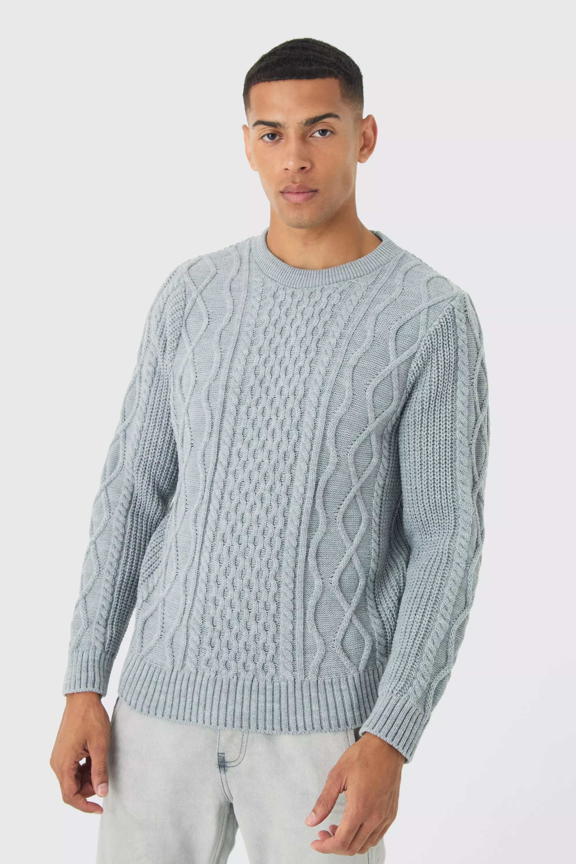 Grey Regular Cable Knit Sweater