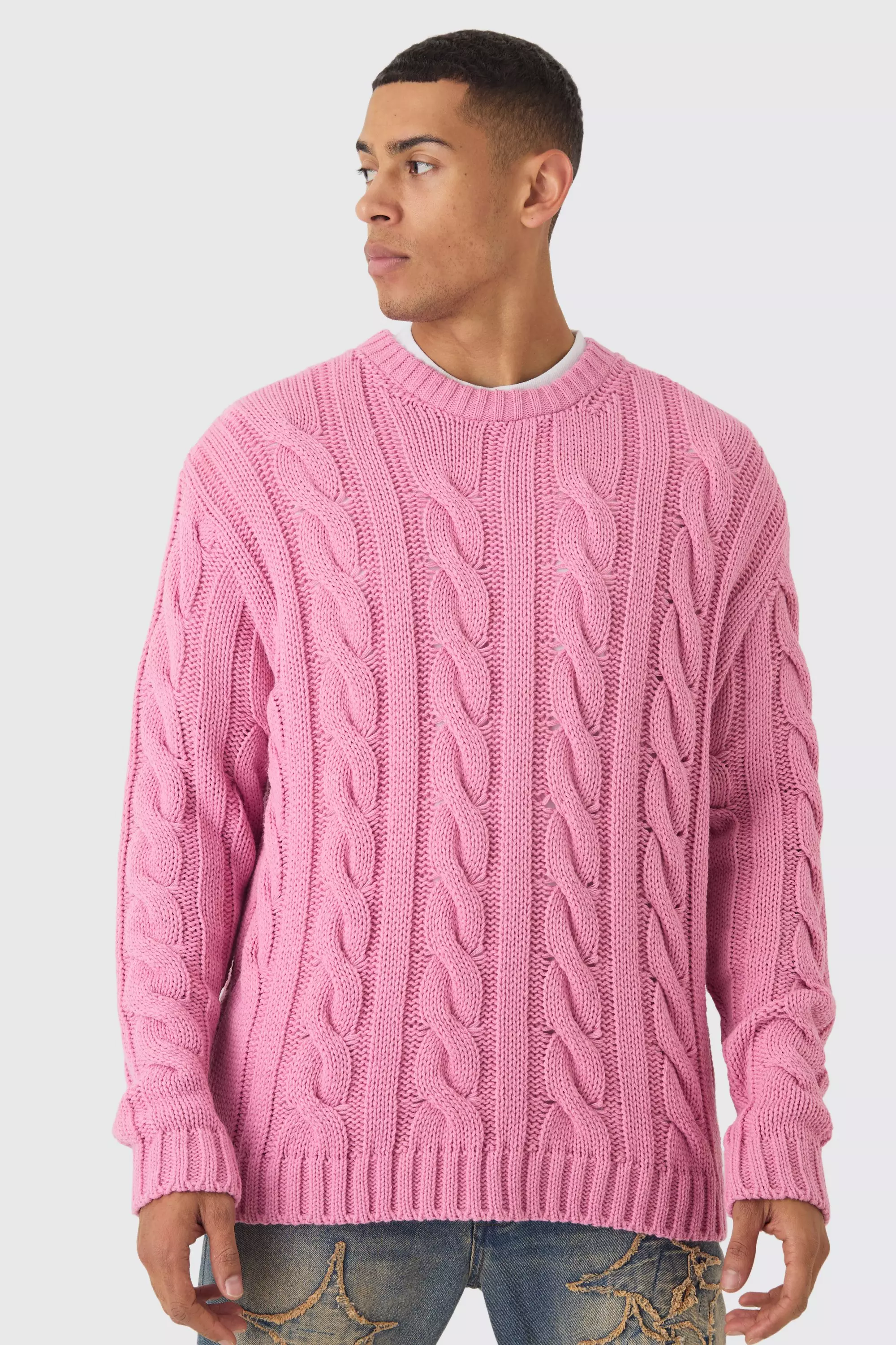 Pink Oversized Cable Knit Sweater