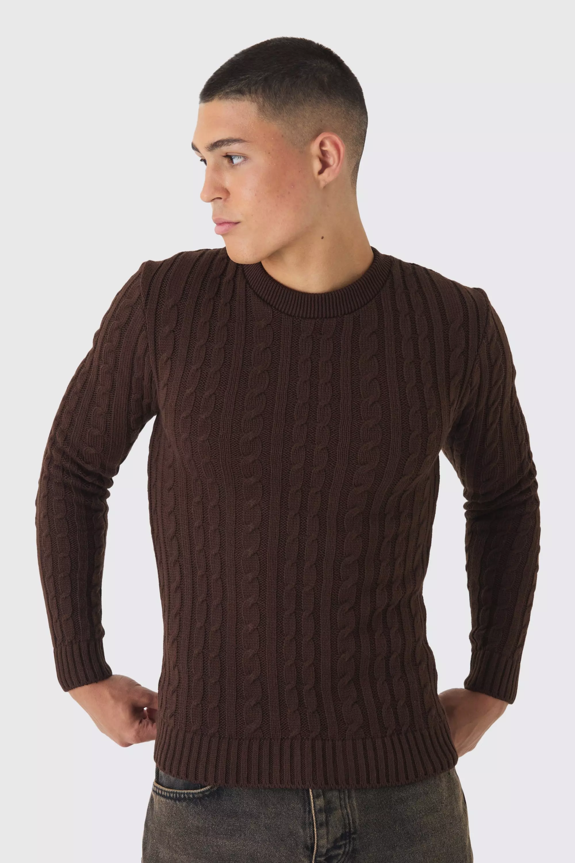 Chocolate Muscle Fit Cable Knit Sweater alternative image