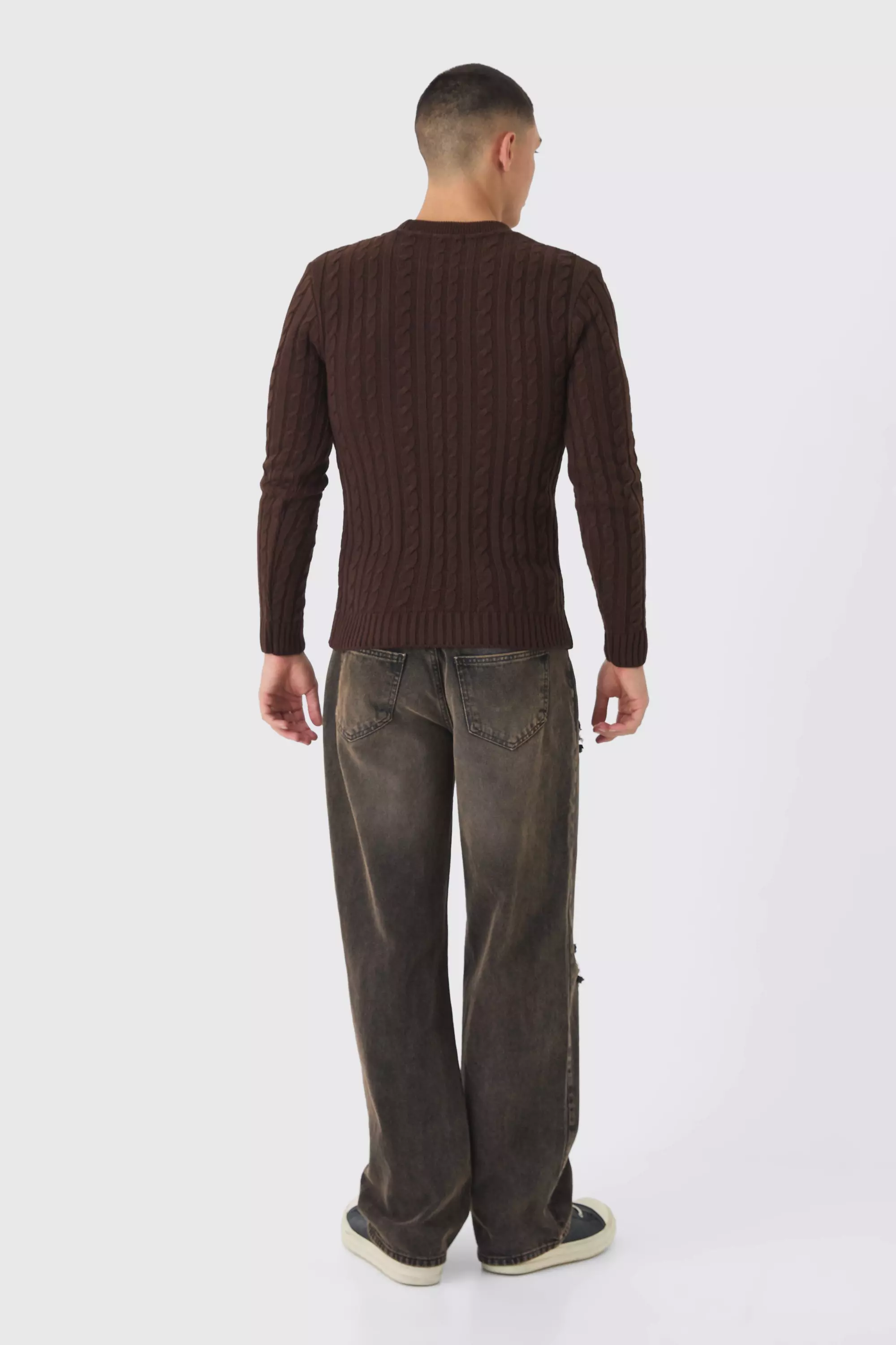 Chocolate Muscle Fit Cable Knit Sweater alternative image