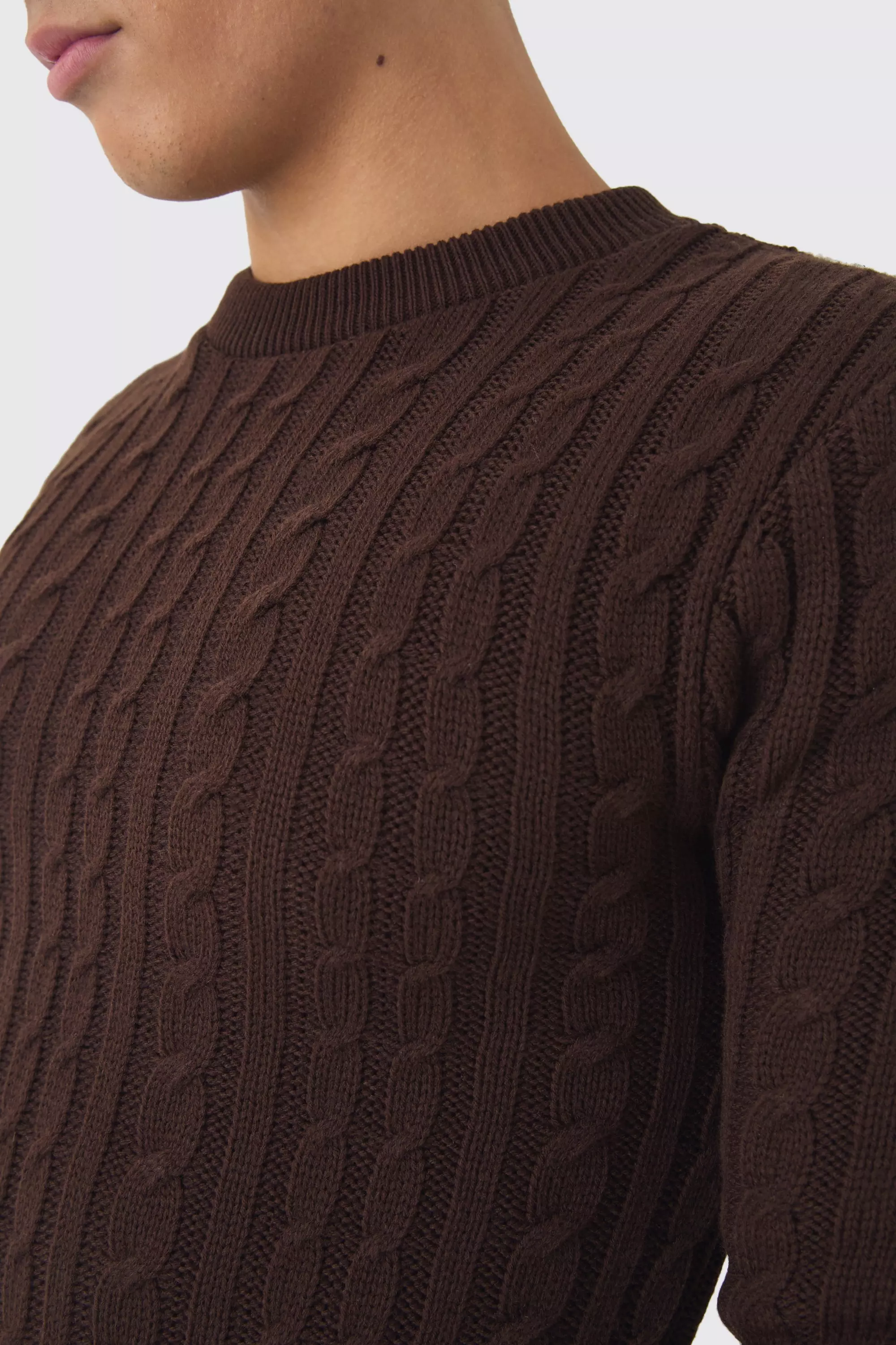 Chocolate Muscle Fit Cable Knit Sweater alternative image