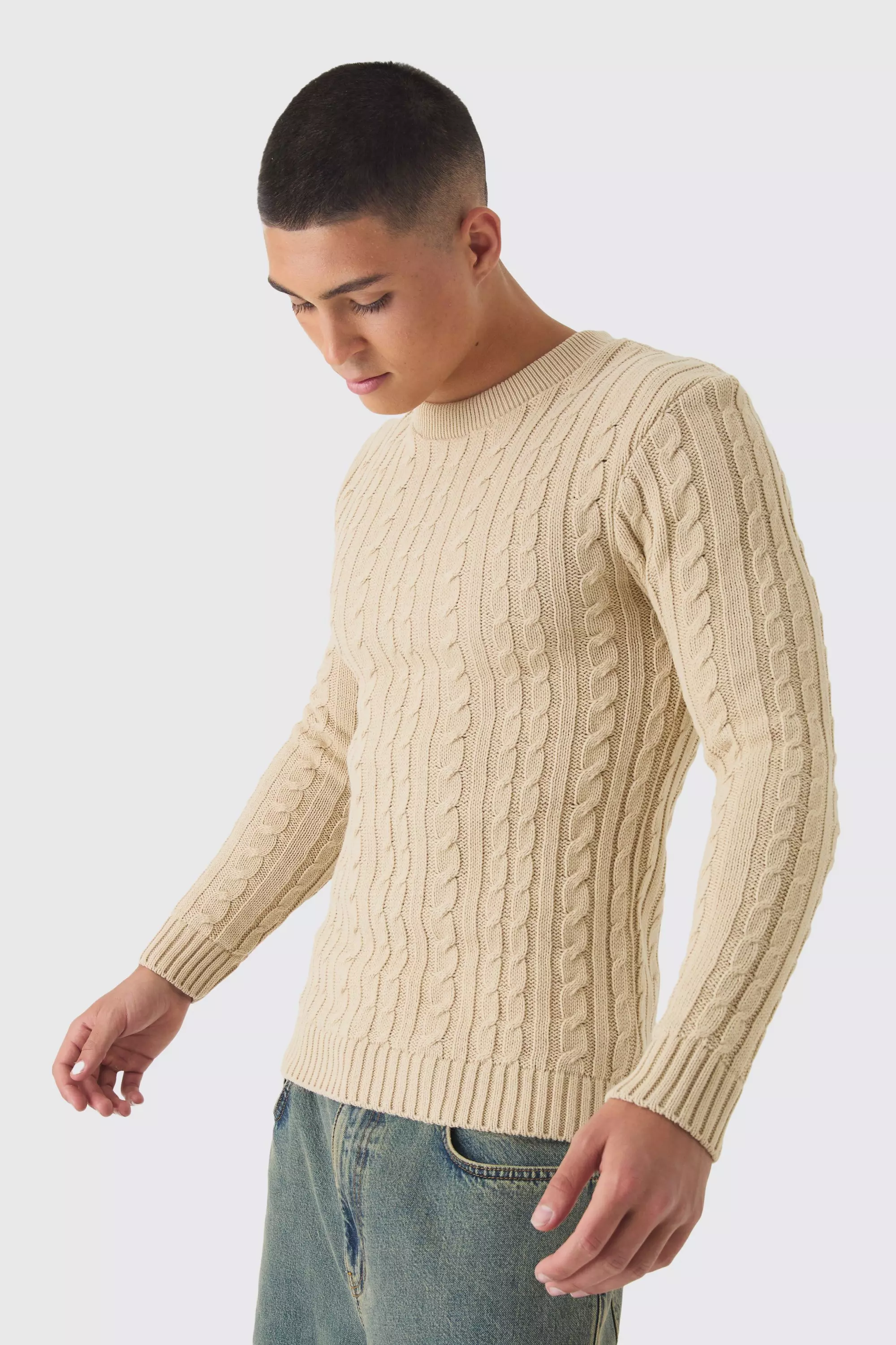 Muscle Fit Cable Knit Jumper Sand