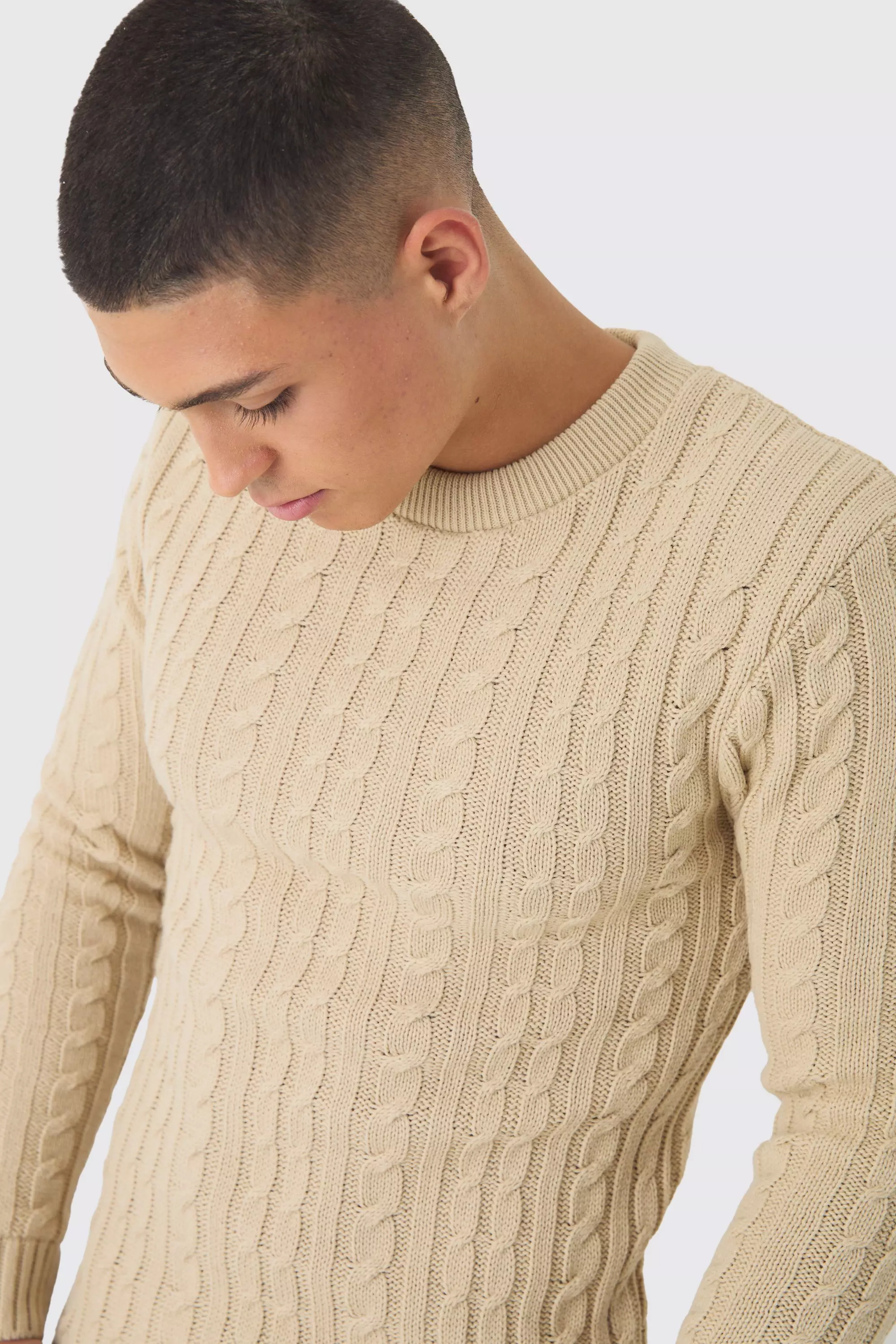 Sand Muscle Fit Cable Knit Jumper alternative image
