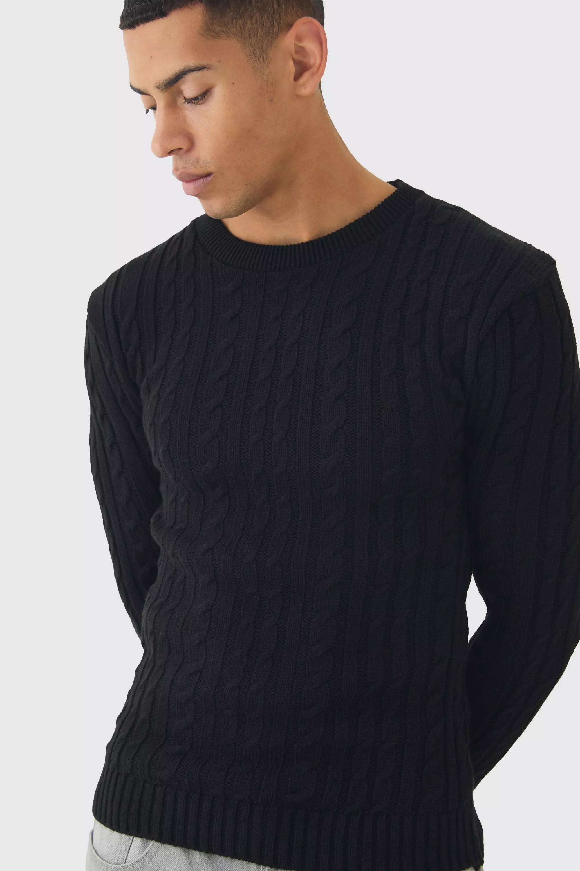 Muscle Fit Cable Knit Jumper Black