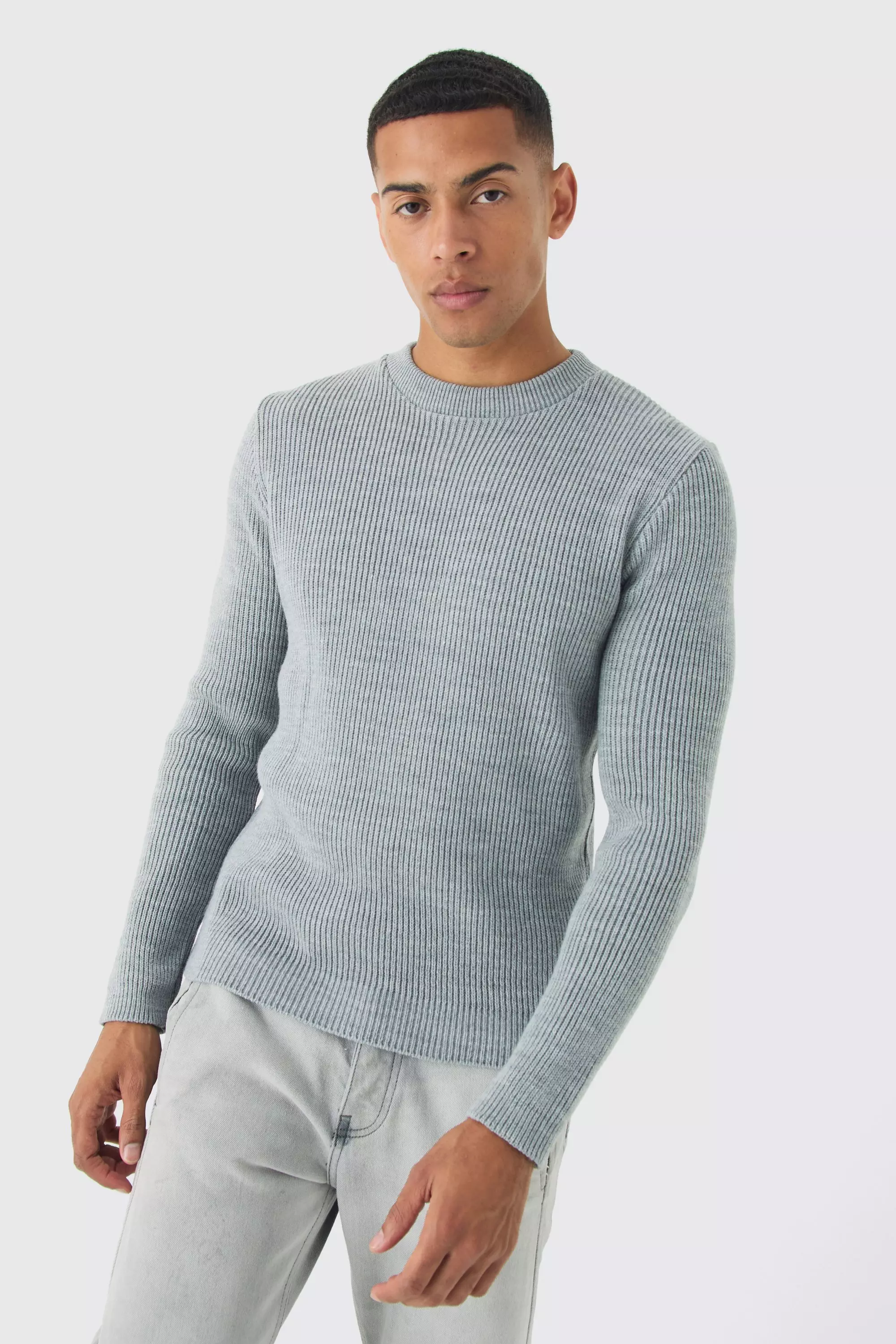 Grey Regular Fit Rib Knit Sweater