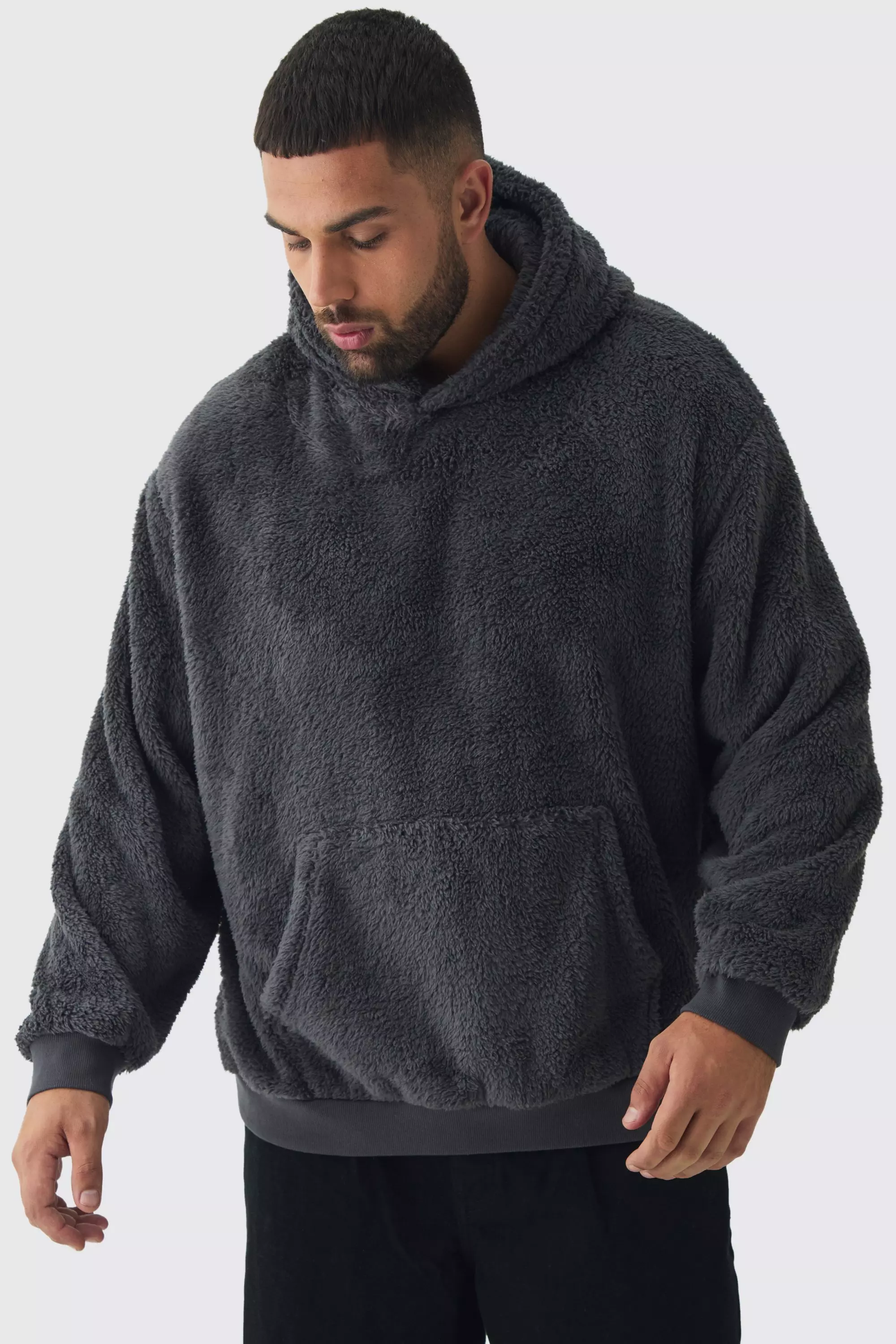 Plus Borg Oversized Hoodie Charcoal