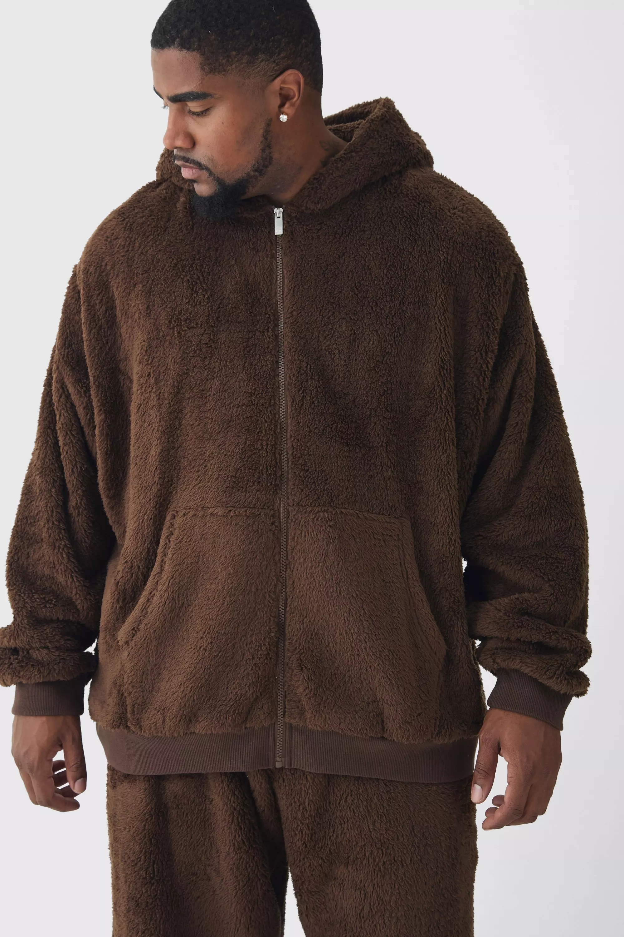 Plus Borg Oversized Zip Thru Hoodie Chocolate