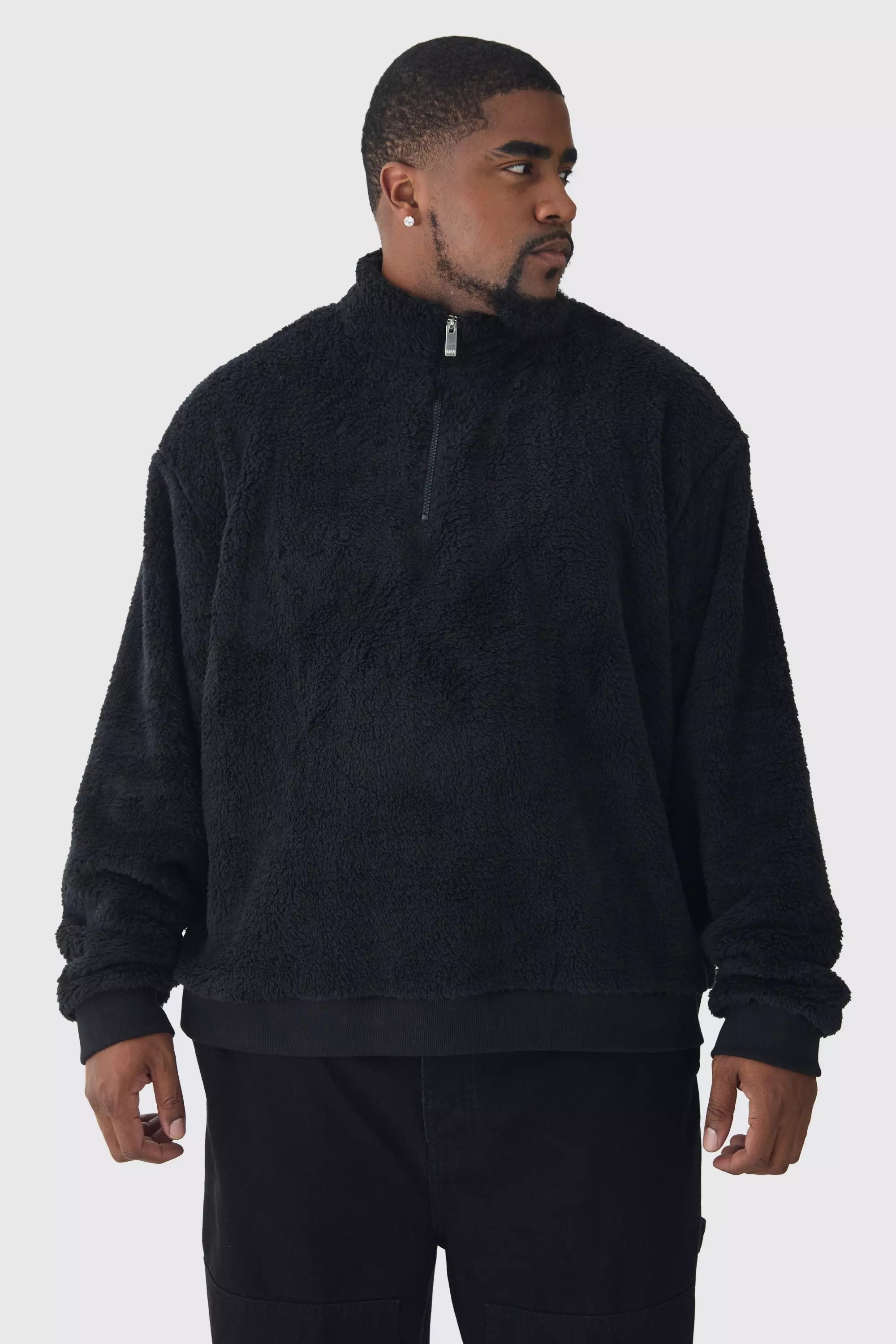 Black Plus Borg Oversized Boxy Borg 1/4 Zip Sweater